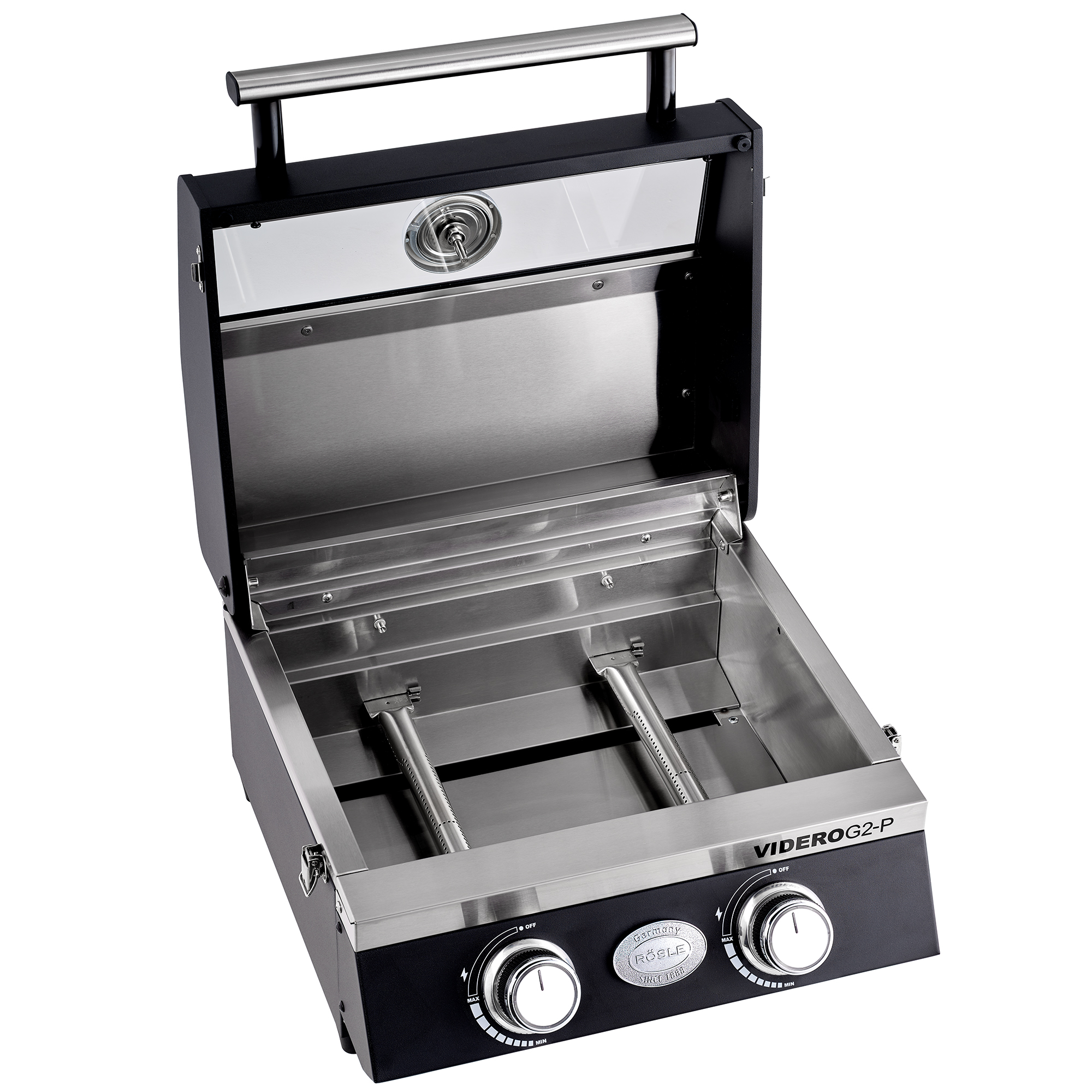 RÖSLE VIDERO G2-P Gasgrill Gasgrill VIDERO G2-P, tragbare Grillstation aus Edelstahl, mit zwei Brennern und offenem Deckel.