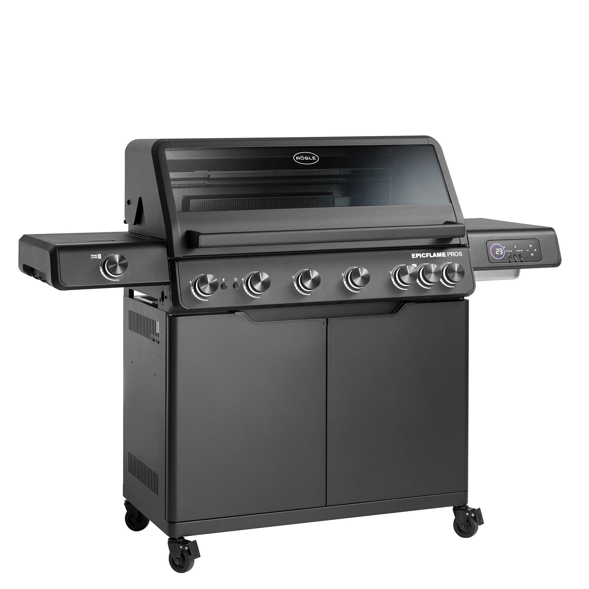 RÖSLE EPICFLAME PRO 6 EPICFLAME PRO 6 Gasgrill in Schwarz mit zwei Seitentischen und Bedienelementen, Deckel geschlossen