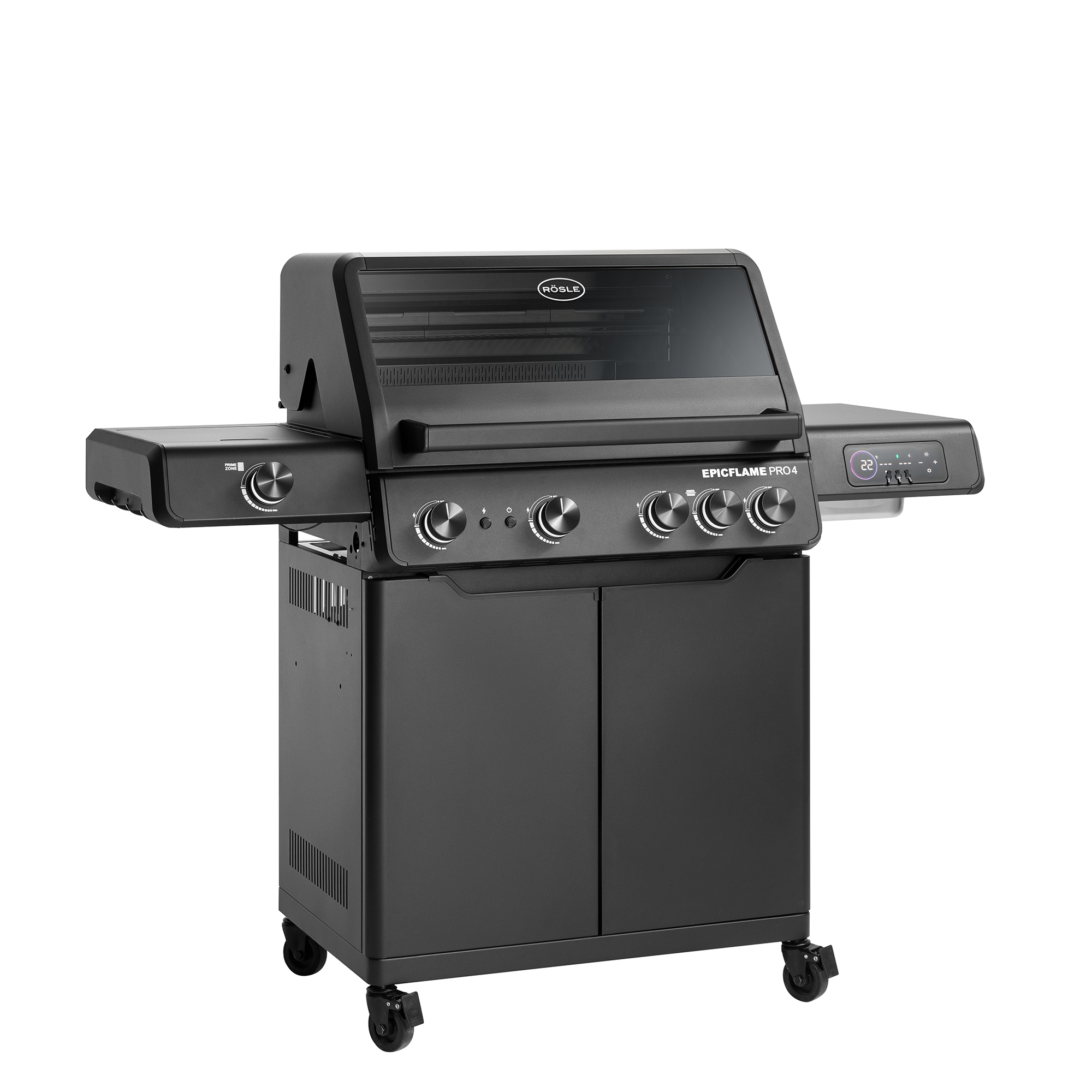 RÖSLE EPICFLAME PRO 4 EPICFLAME PRO 4 Gasgrill in Schwarz mit zwei Seitentischen und Bedienelementen.