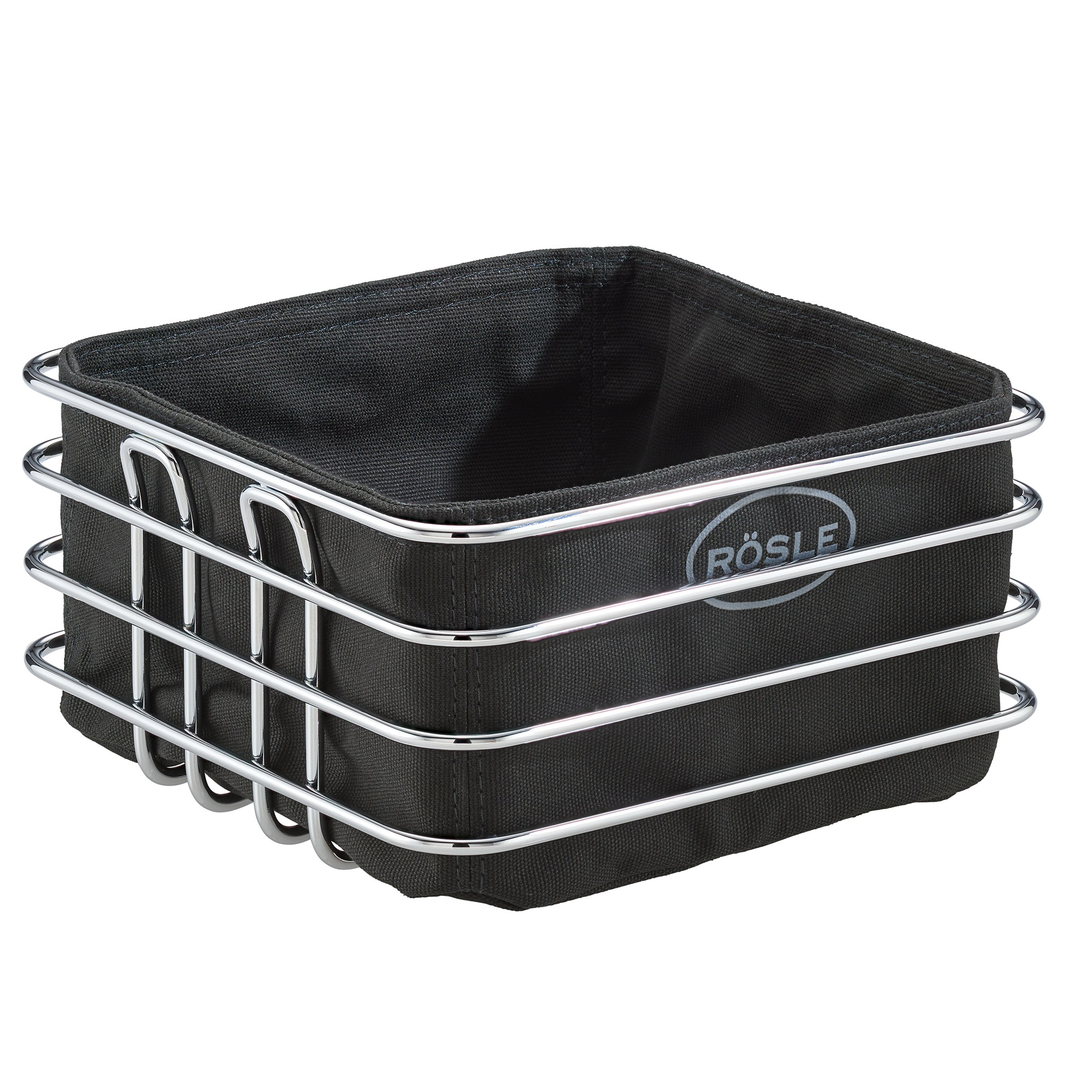 Brotkorb aus schwarzem Stoff mit verchromtem Metallrahmen, quadratische Form