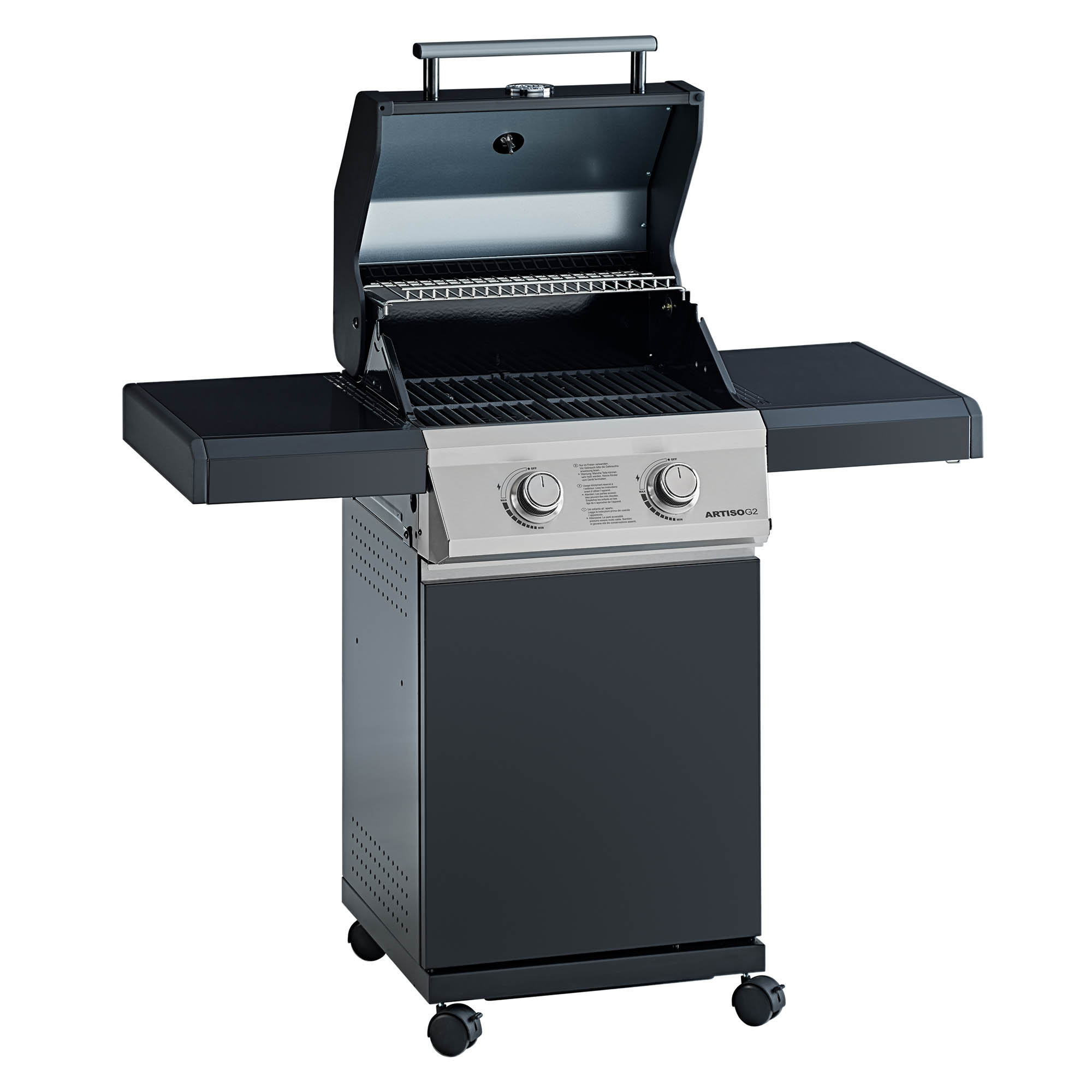 RÖSLE Gasgrill Artiso G2 Gasgrill BBQ Station Artiso G2 in Schwarz mit zwei Brennern und klappbaren Seitentischen.