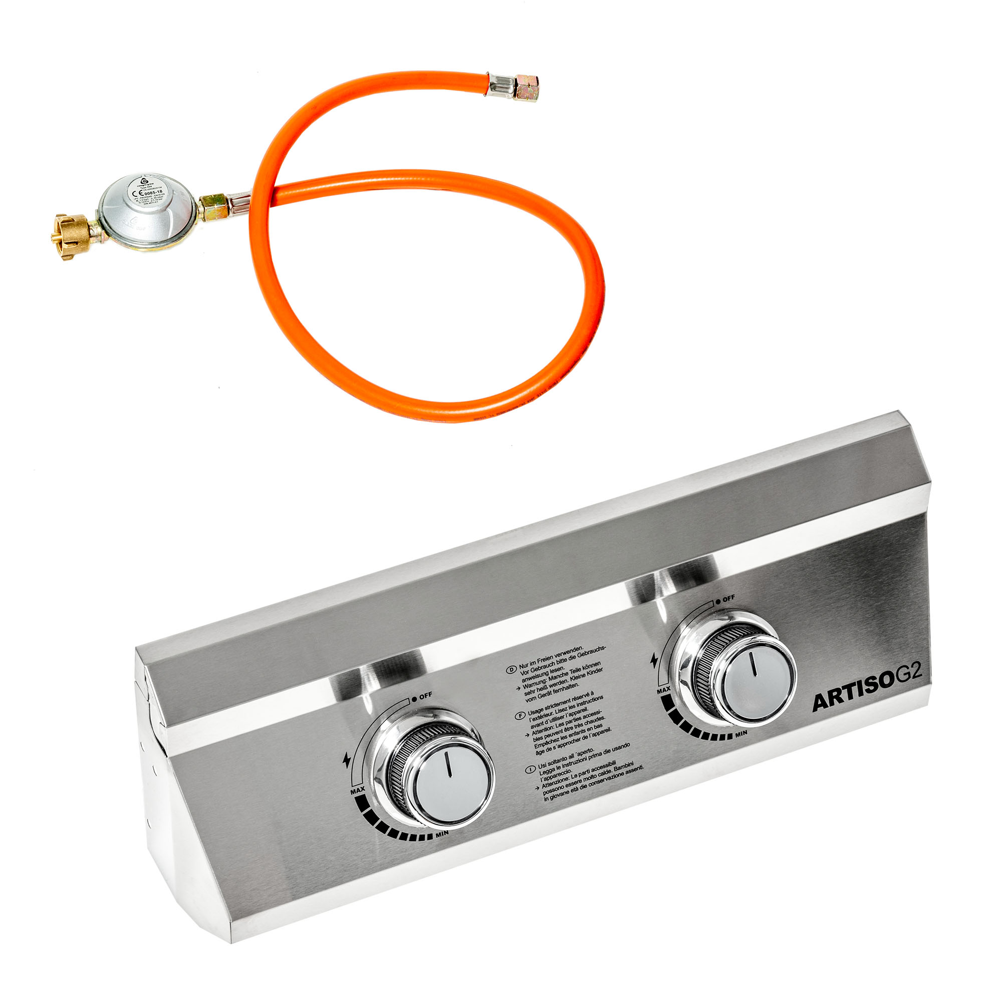 RÖSLE ARTISO G2 Bedienkonsole mit Gasschlauch ARTISO G2 Bedienkonsole aus Edelstahl mit zwei Reglern und orangefarbenem Gasschlauch.