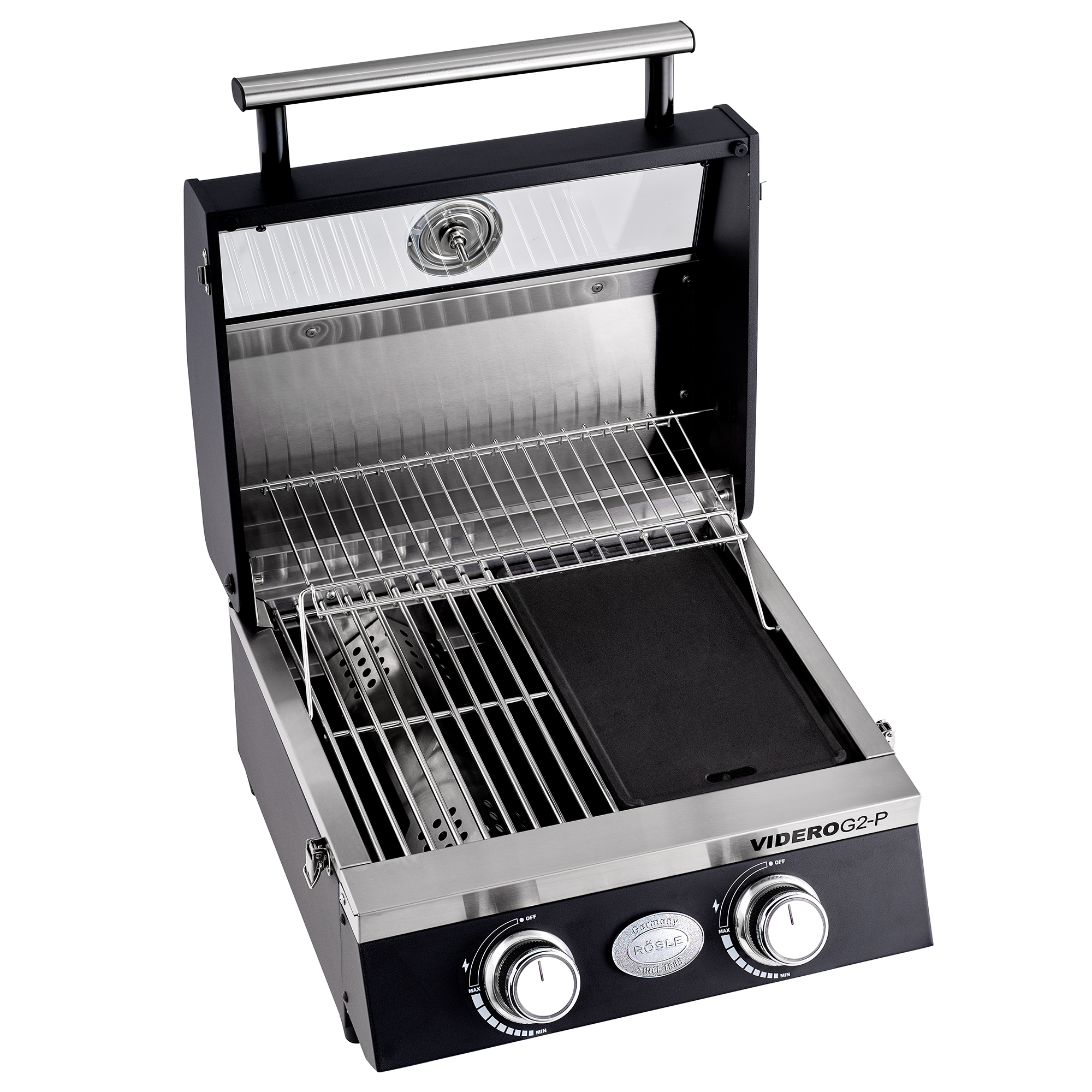 RÖSLE Videro G2-P Gasgrill Gasgrill Videro G2-P, tragbar, mit Edelstahl-Oberfläche und zwei Reglern, geöffnet