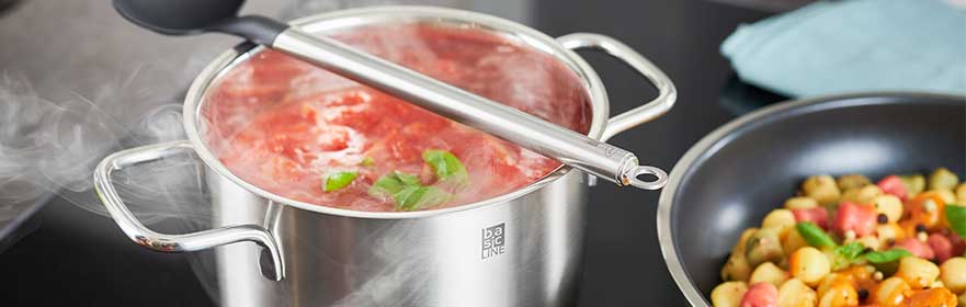 BASIC LINE Basic Line stainless steel saucepan with steaming contents and a spoon, next to it a pan with...