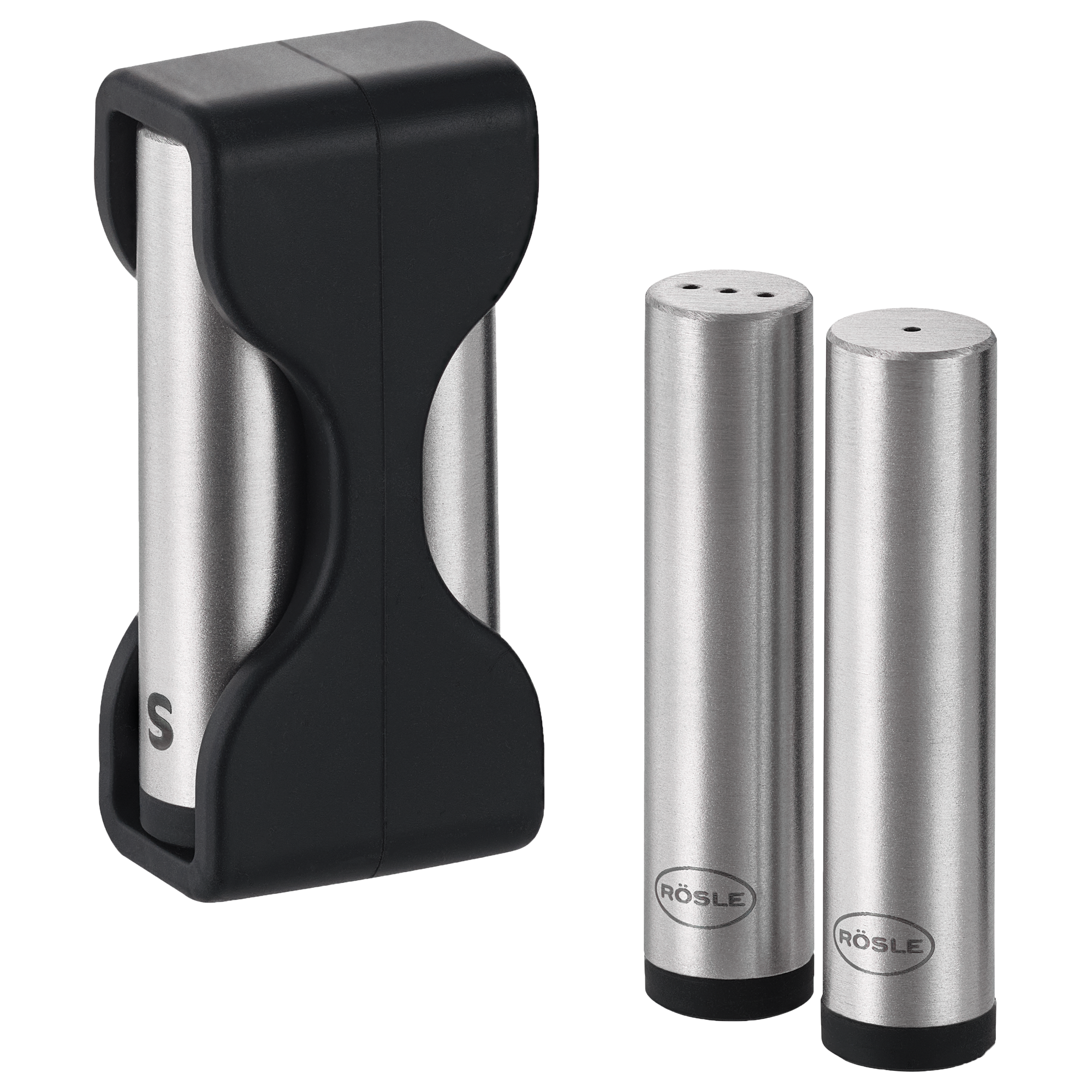 RÖSLE Salz-Pfeffer-Set Flexx2go Salz- und Pfeffer-Set Flexx2go aus Edelstahl mit schwarzem Halter.