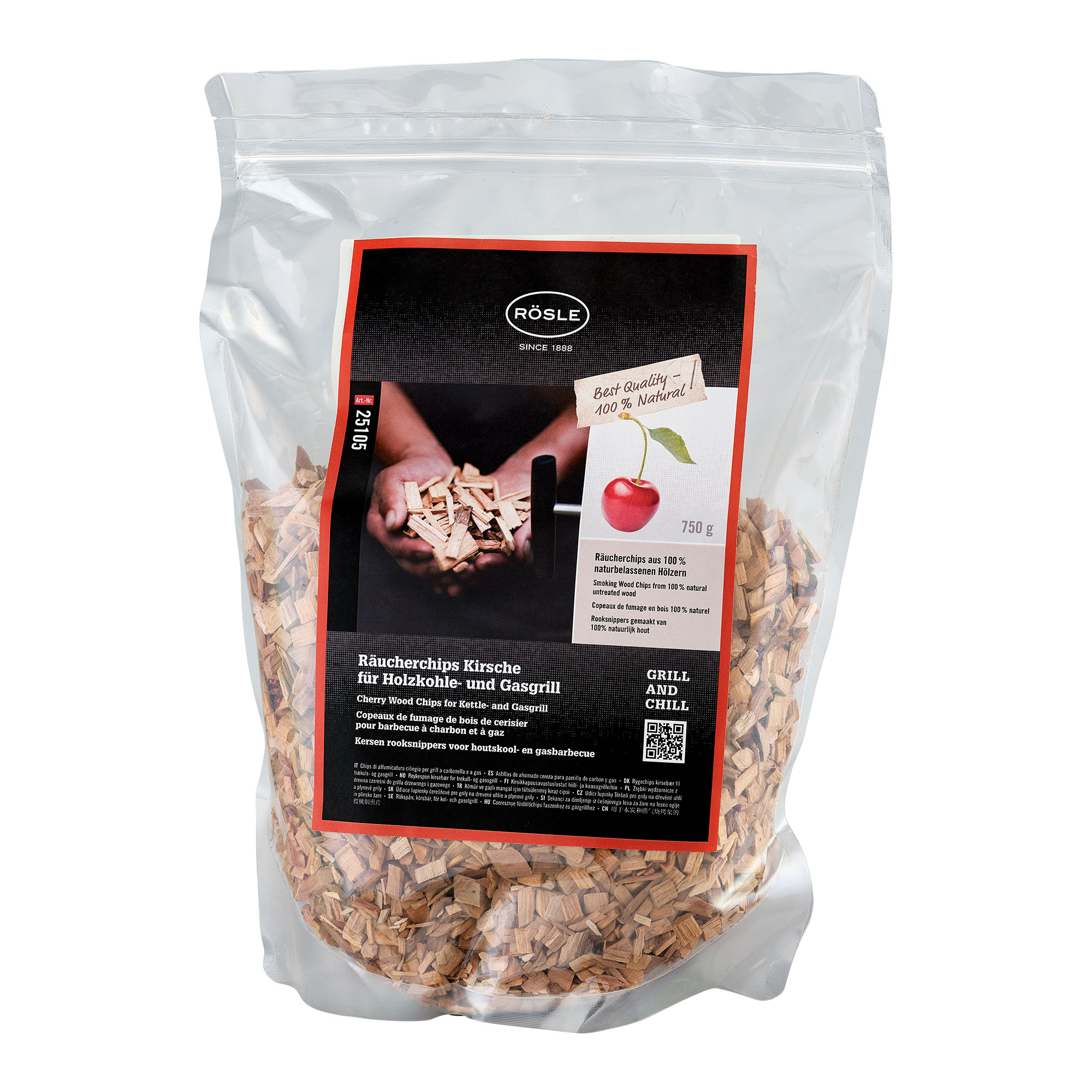 RÖSLE Räucherchips Kirsche 750g Räucherchips aus Kirsche, 750g, in durchsichtiger Verpackung, für Grill und Smoker.