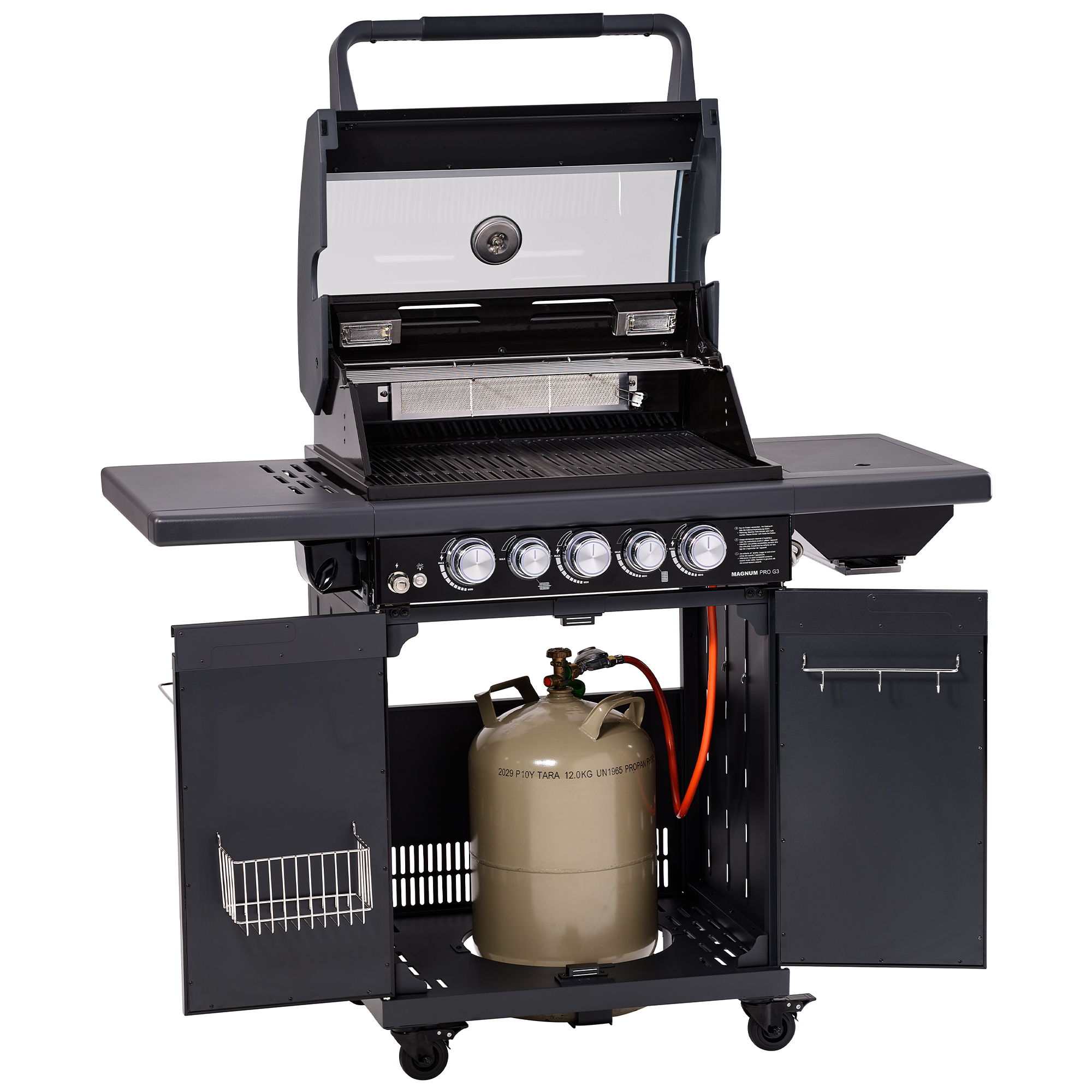 RÖSLE Gasgrill Magnum G3 PRO Gasgrill BBQ Station Magnum G3 PRO mit geöffnetem Deckel, Grillfläche und Gasflasche.