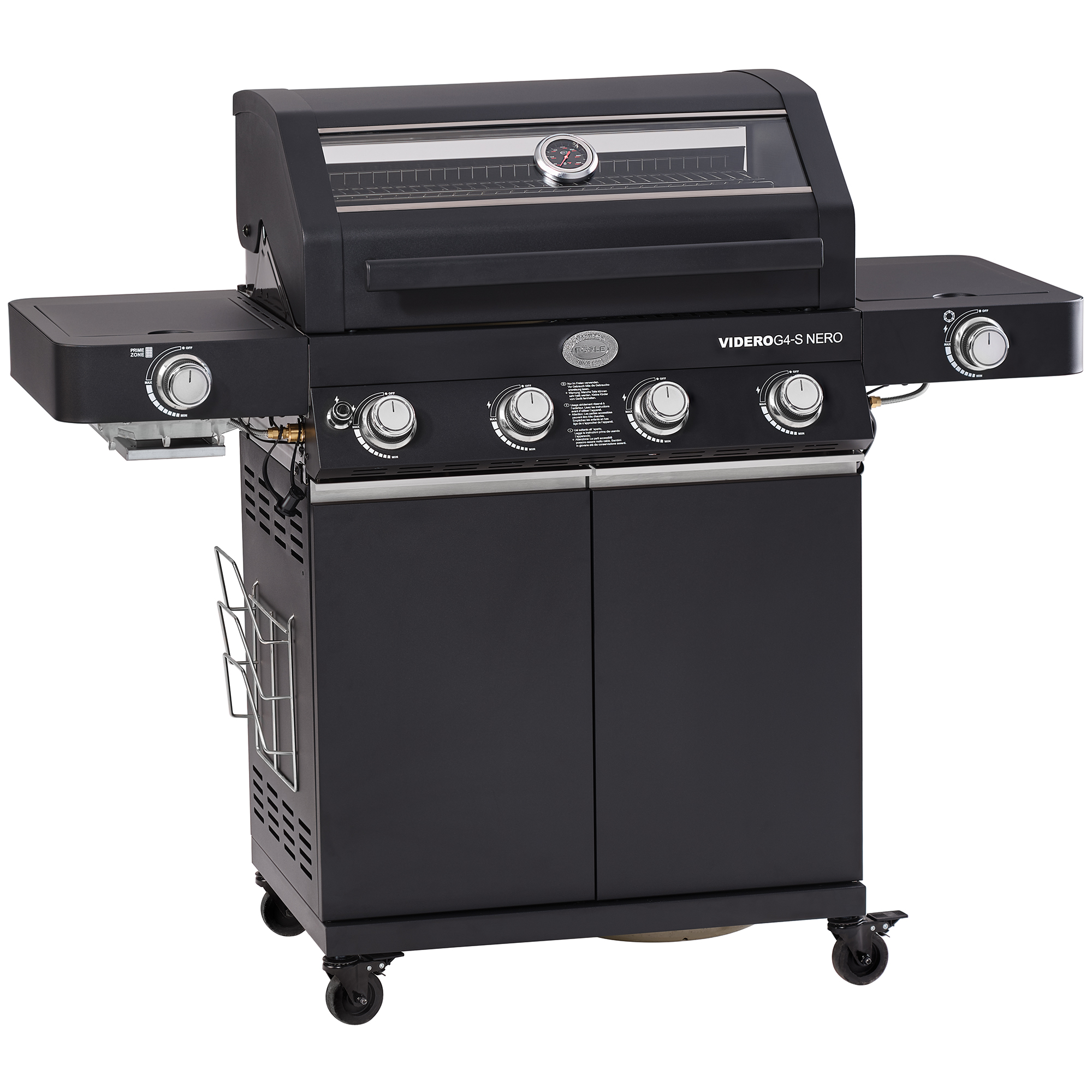 RÖSLE Gasgrill Videro G4-S Nero Gasgrill Videro G4-S Nero, schwarz, mit vier Brennern, Thermometer und zwei Ablageflächen.