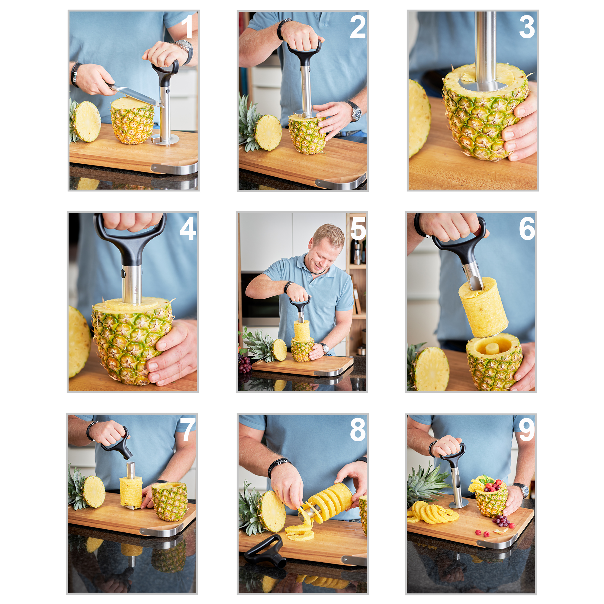 Using the RÖSLE pineapple slicer Pineapple slicer in use: Step-by-step instructions for pineapple processing.