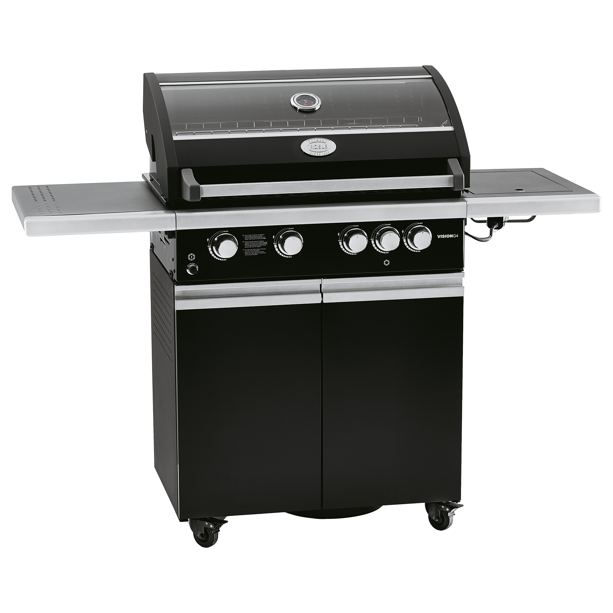RÖSLE Gasgrill Vision G4 Gasgrill BBQ Station Vision G4 in Schwarz mit zwei Seitentischen und vier Bedienelementen.