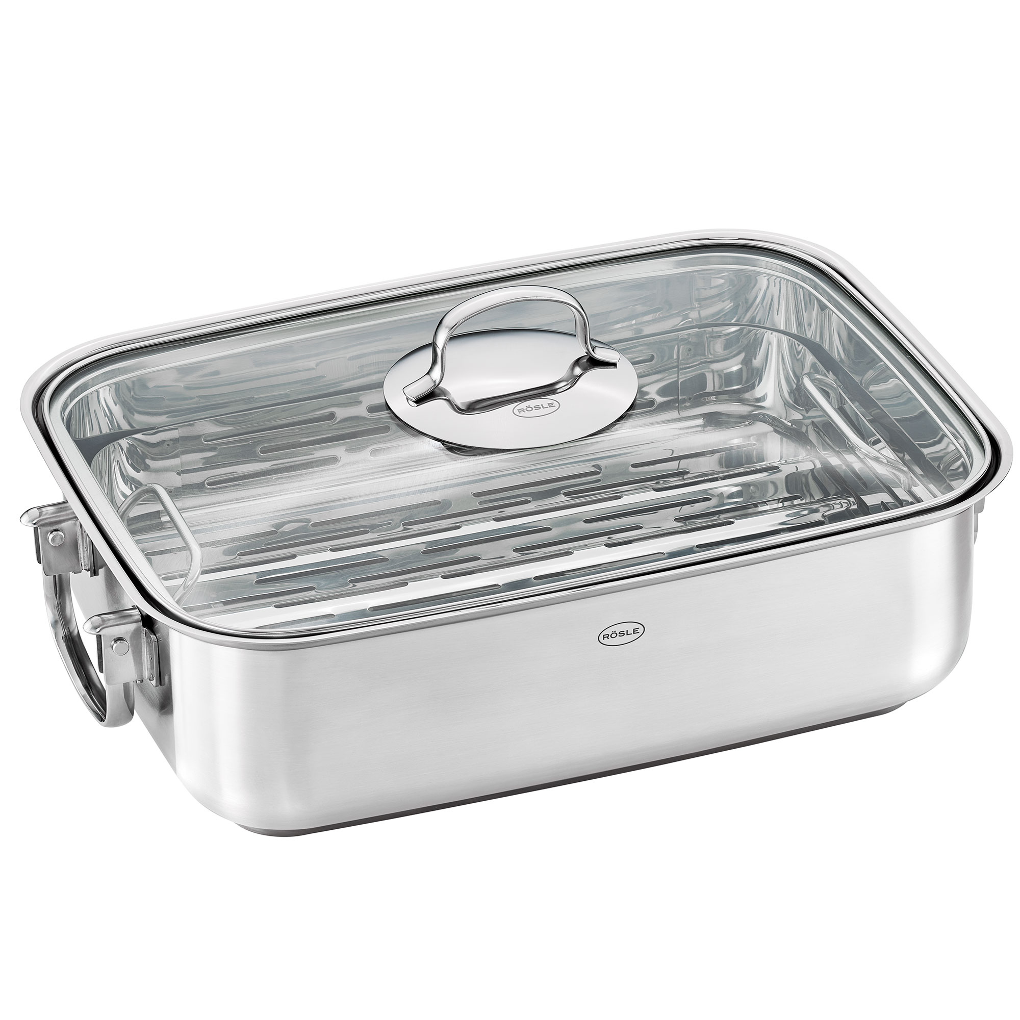 Bräter Elegance aus Edelstahl mit Deckel und Rost, rechteckige Form