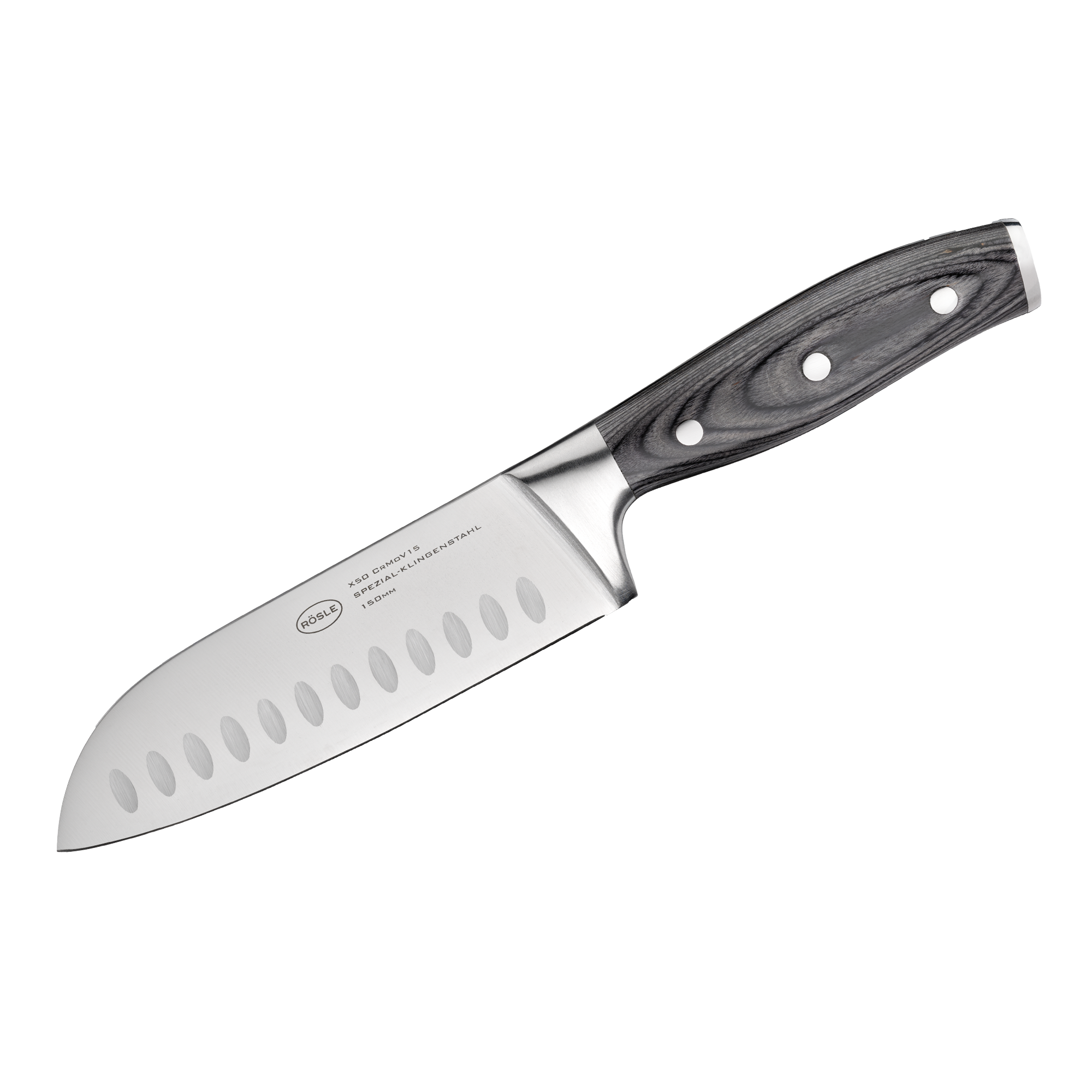 RÖSLE Santokumesser klein Wolfsgrau Santokumesser in Wolfsgrau mit geschwungenem Griff und Klingenlöchern