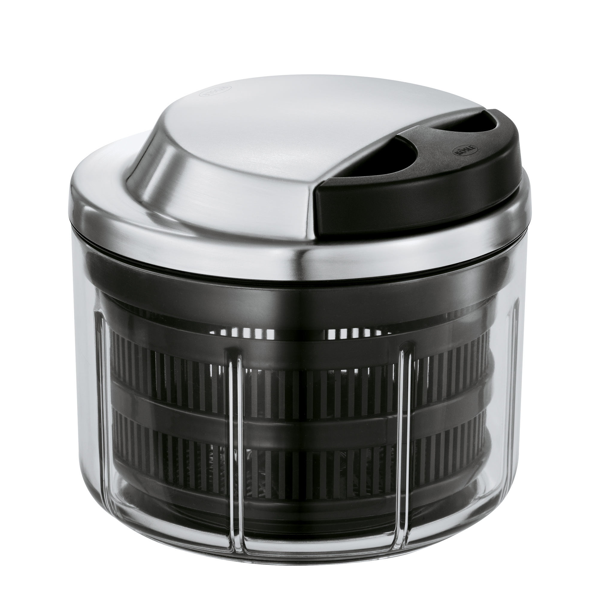 RÖSLE Multischneider Multischneider aus transparentem Kunststoff mit silbernem Deckel und zwei Einfüllöffnungen.