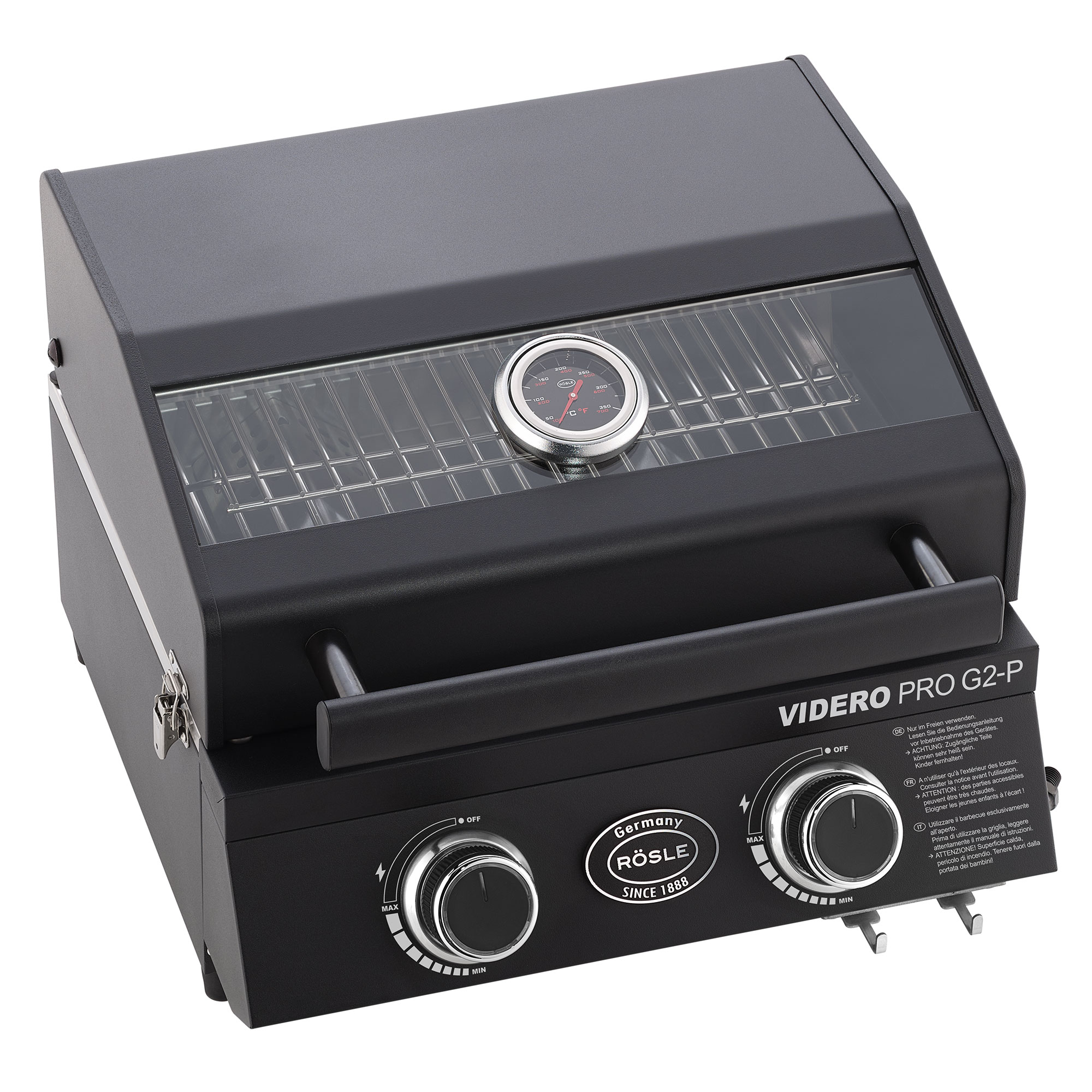 RÖSLE Videro PRO G2-P Gasgrill Gasgrill Videro PRO G2-P, tragbar, schwarz, mit Temperaturanzeige und zwei Reglern.