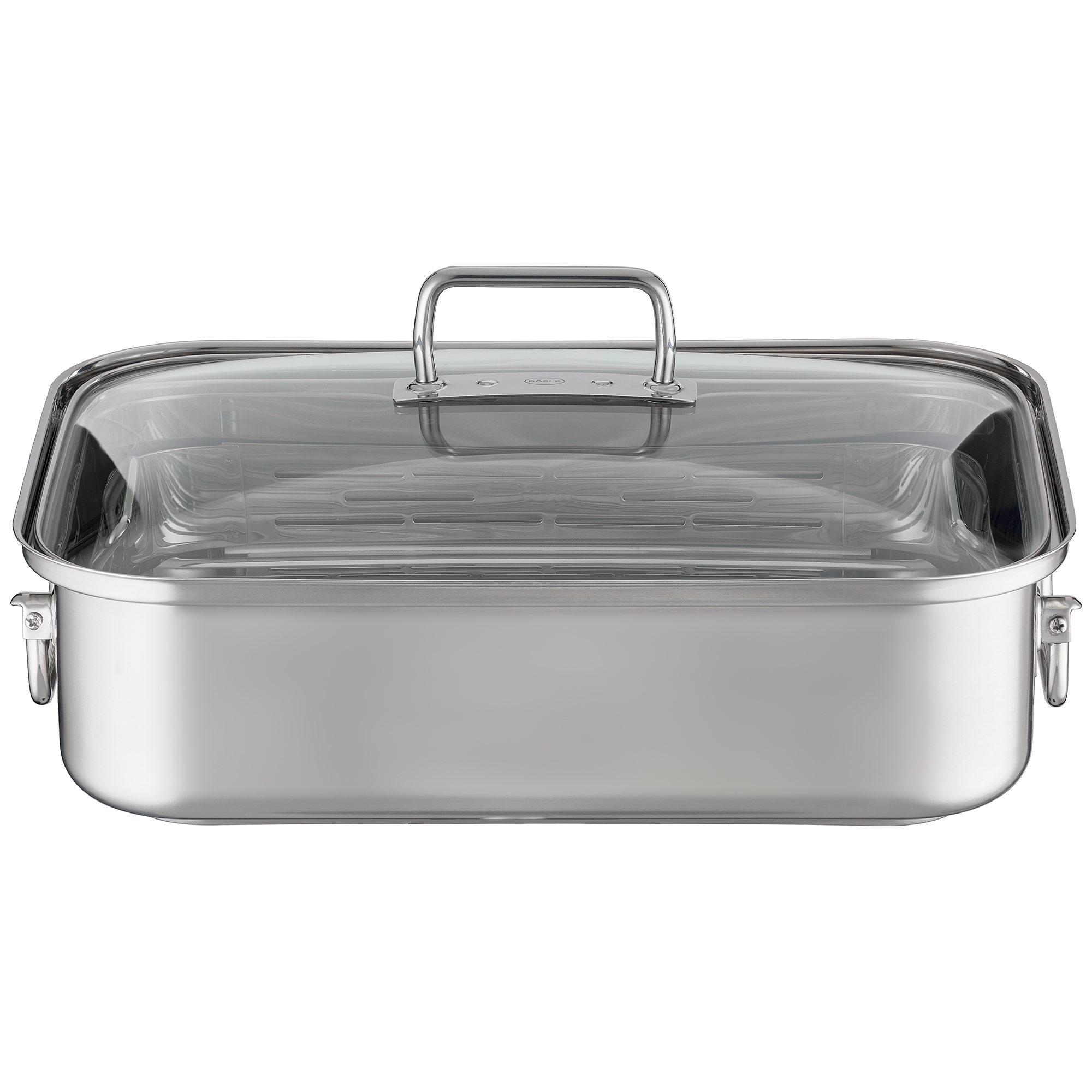 Rechteckiger Bräter von RÖSLE rechteckiger Bräter aus Edelstahl mit Glasdeckel und zwei Griffen