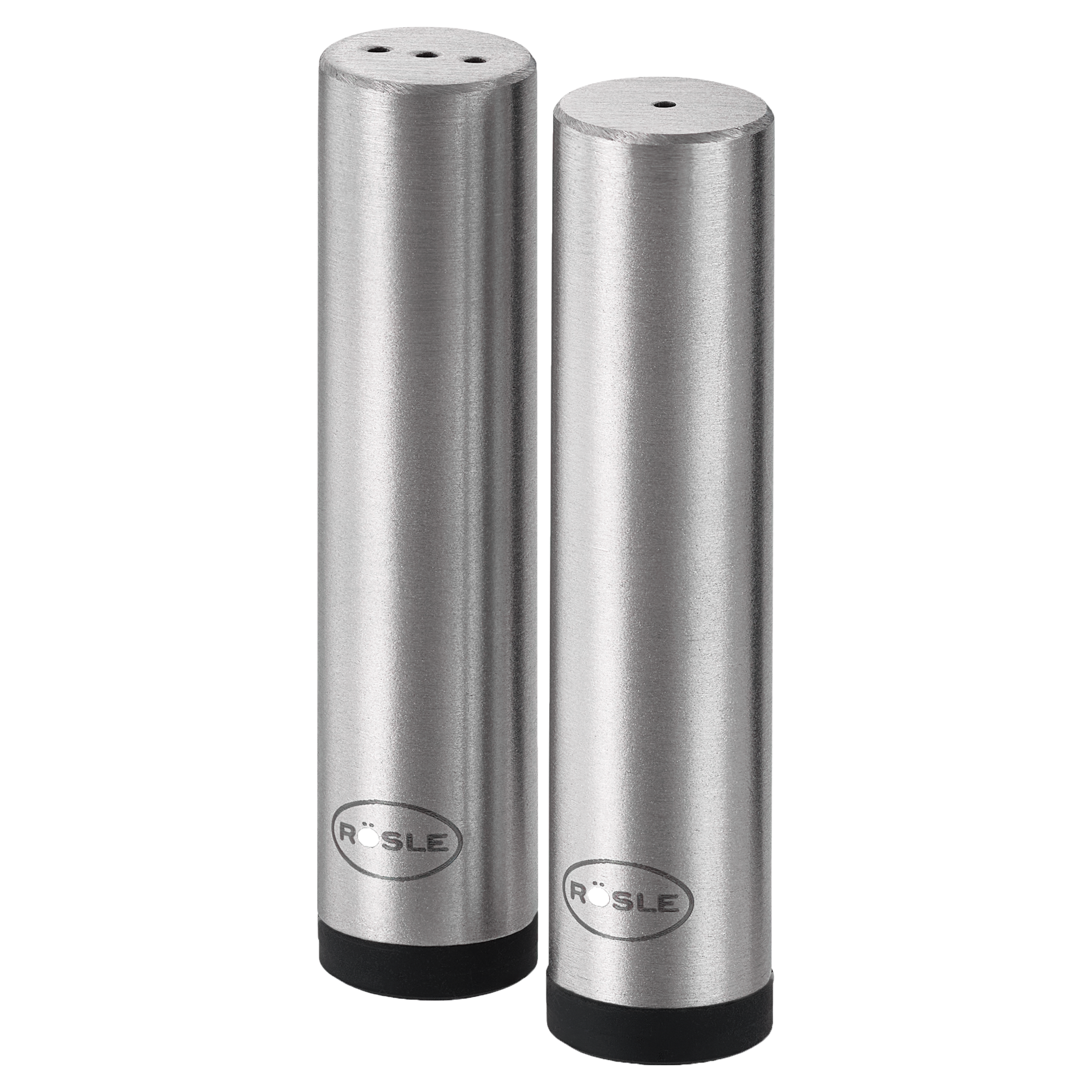 Salz- und Pfefferstreuer Set aus Edelstahl, zylindrische Form, mit schwarzem Boden.