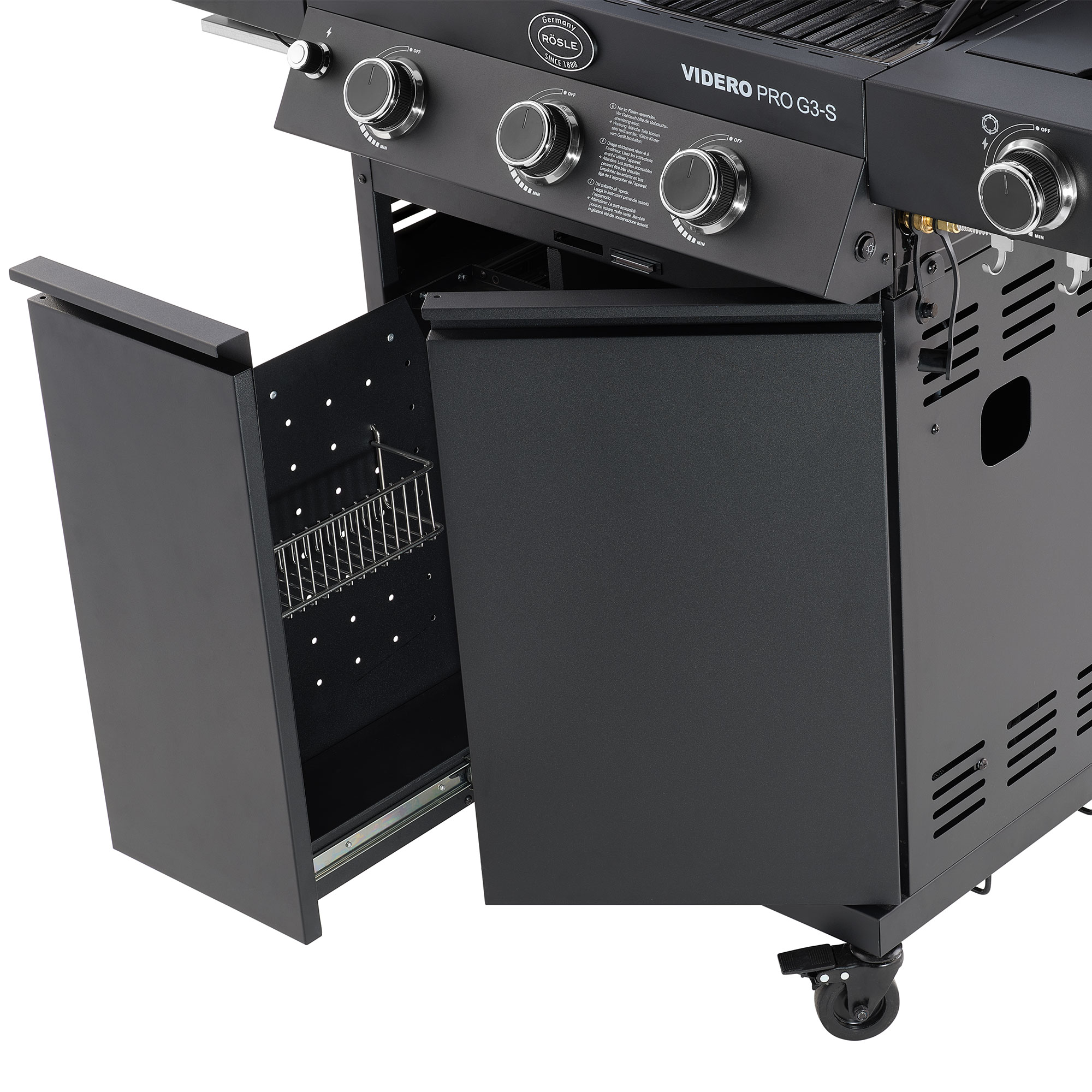 Gasgrill Videro G3-S mit geöffnetem Schrank und Ablagefach, schwarz, aus Edelstahl.