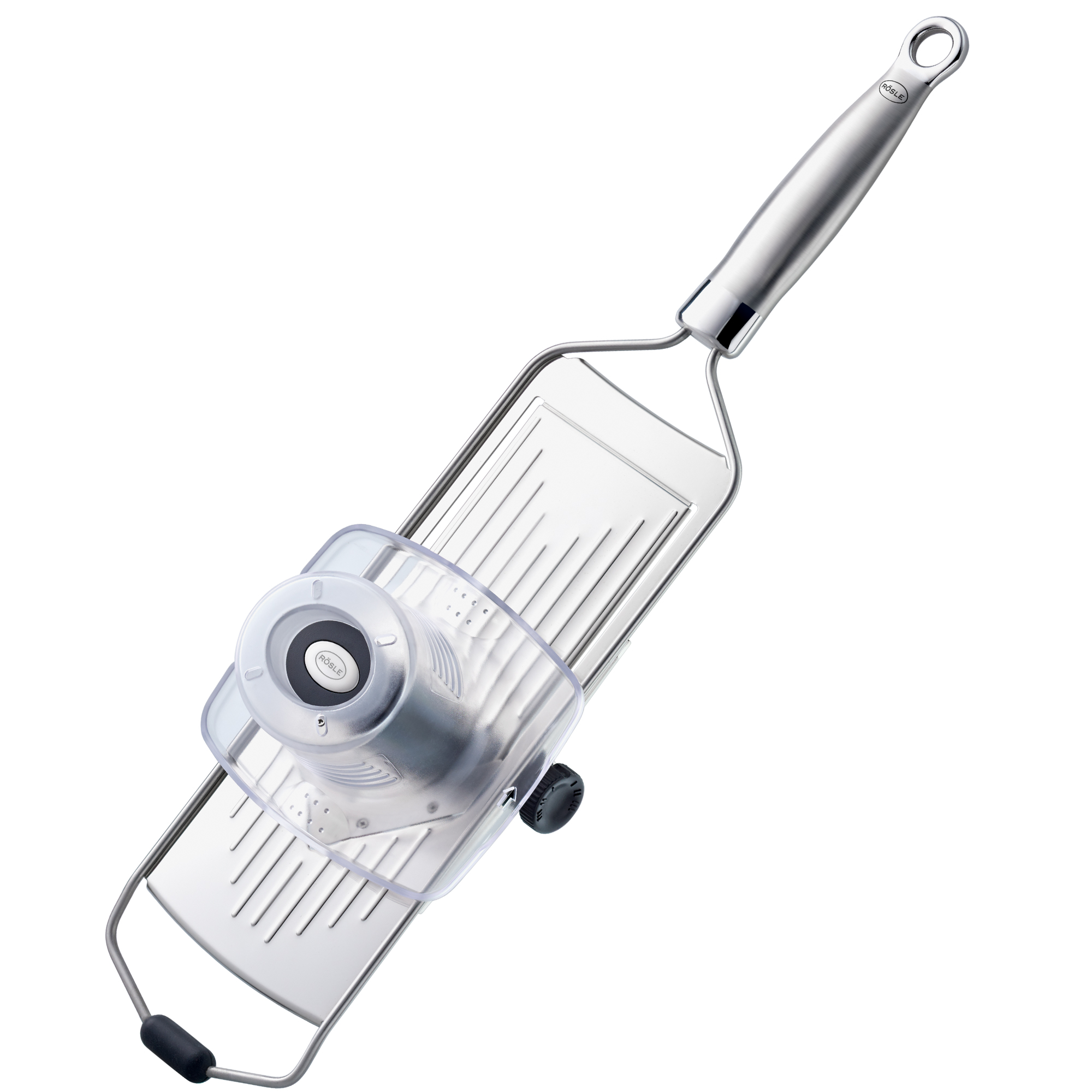 RÖSLE Edelstahl Hobel mit V-Klinge Hobel mit V-Klinge aus Edelstahl, mit verstellbarem Schneideinsatz und Schutzabdeckung.