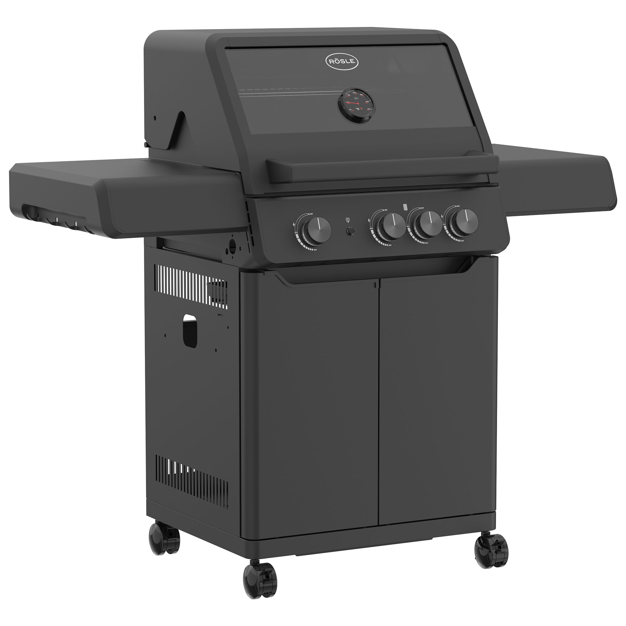RÖSLE Gasgrill Allflame Peer Gasgrill Allflame Peer, schwarz, mit vier Reglern und Temperaturanzeige, auf Rollen.