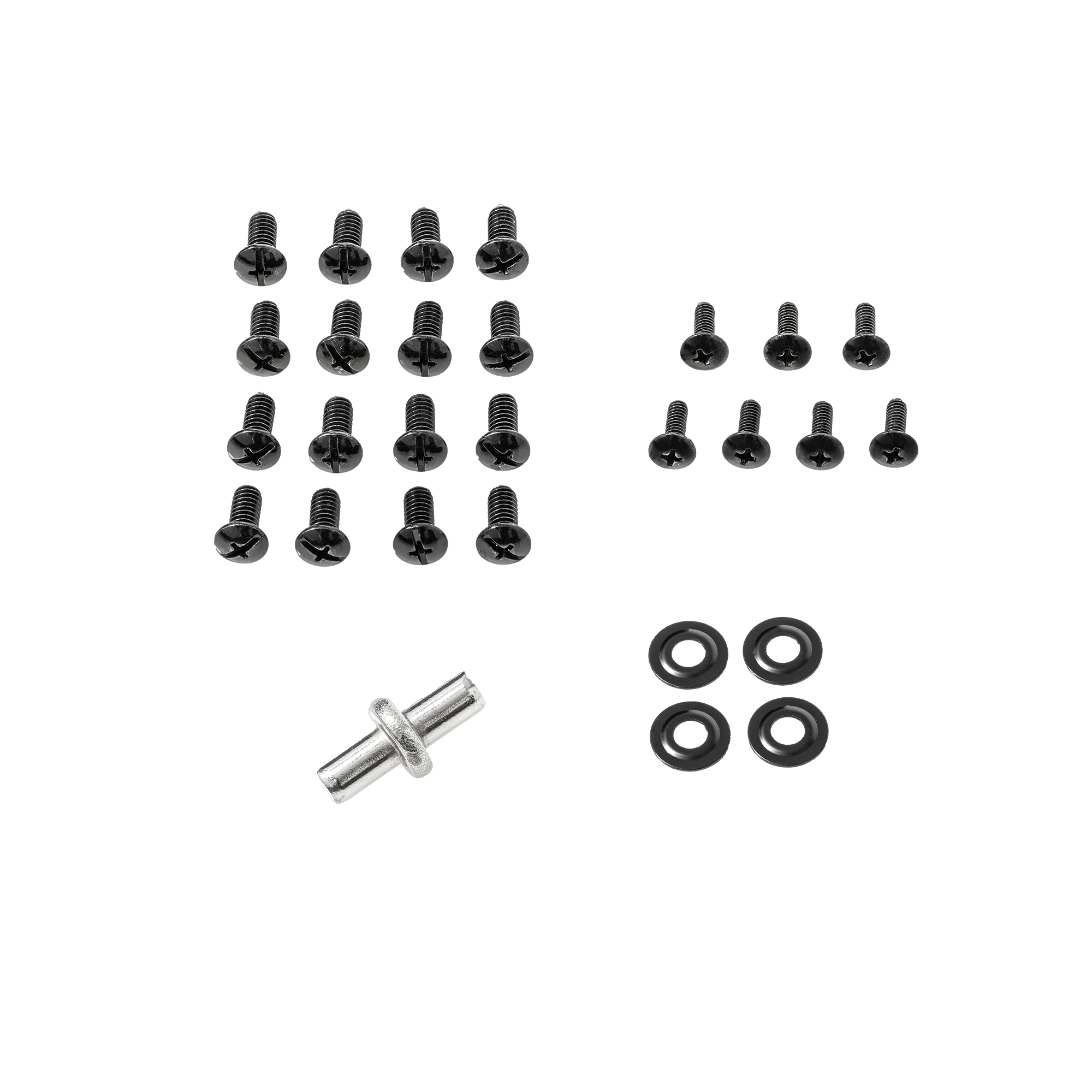 RÖSLE Schraubensatz Schraubensatz komplett mit schwarzen Schrauben, Unterlegscheiben und einem Metallteil.