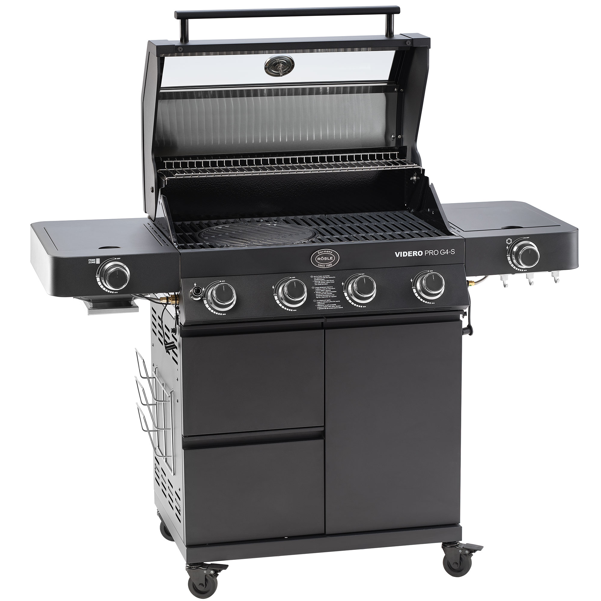 RÖSLE Gasgrill Videro G4-S PRO Gasgrill Videro G4-S PRO, schwarz, mit zwei seitlichen Ablageflächen und vier Reglern, geöffnete...