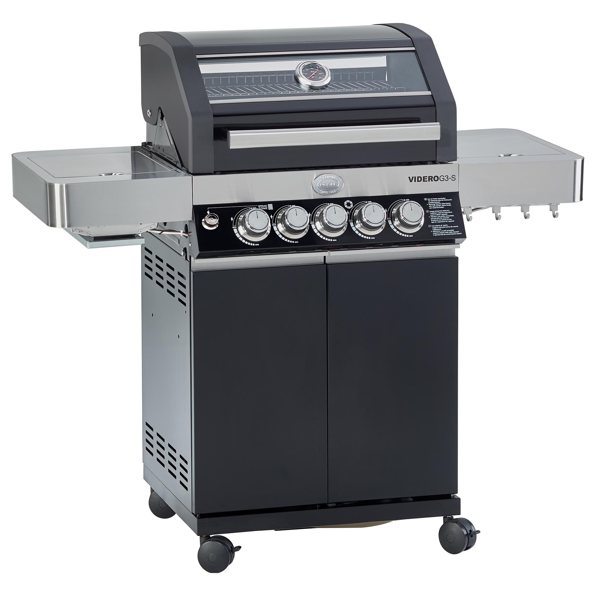 RÖSLE Gasgrill Videro G3-S Gasgrill Videro G3-S in Schwarz mit zwei seitlichen Ablageflächen und vier Reglern.