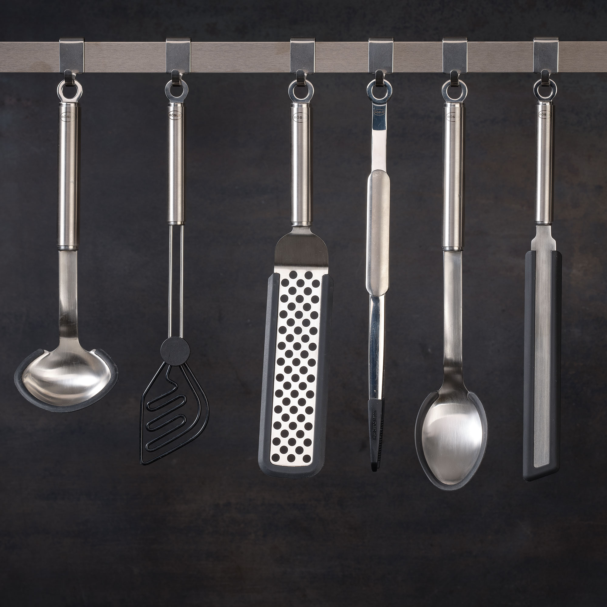 RÖSLE stainless steel kitchen appliances Kitchen utensils, including needle-nose tongs, spoon, shovel, grater and tweezers, made of...