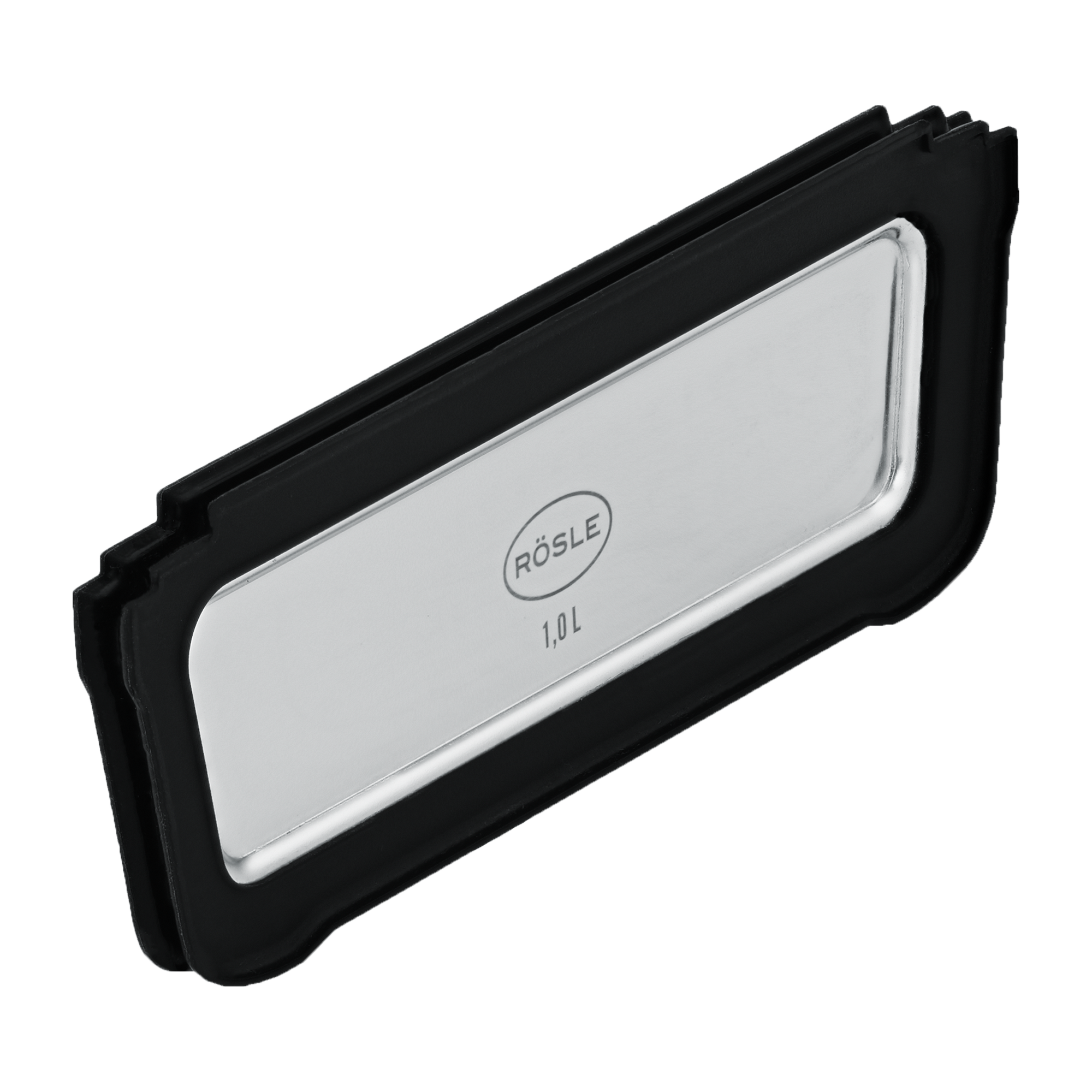 Trennsteg für Flexx2go, 1 Liter, rechteckig, aus Edelstahl mit schwarzem Kunststoffrahmen.