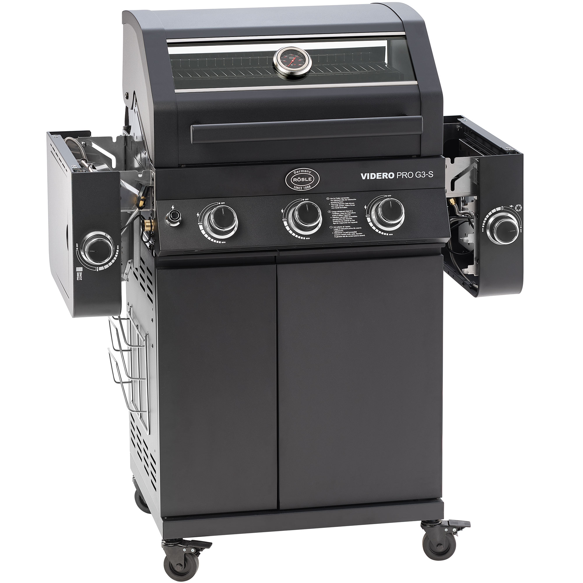 RÖSLE Gasgrill Videro G3-S Gasgrill Videro G3-S, schwarz, mit zwei seitlichen Ablageflächen und vier Reglern.