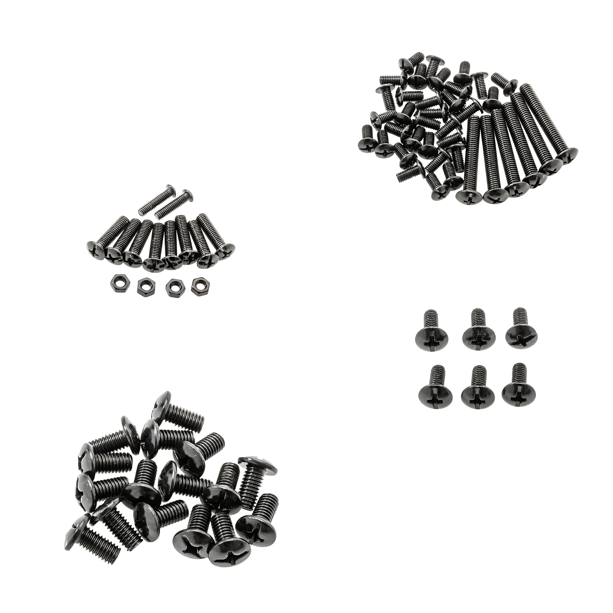 RÖSLE Schraubenset komplett Schraubenset mit verschiedenen schwarzen Schrauben und Unterlegscheiben, in mehreren Anordnungen.