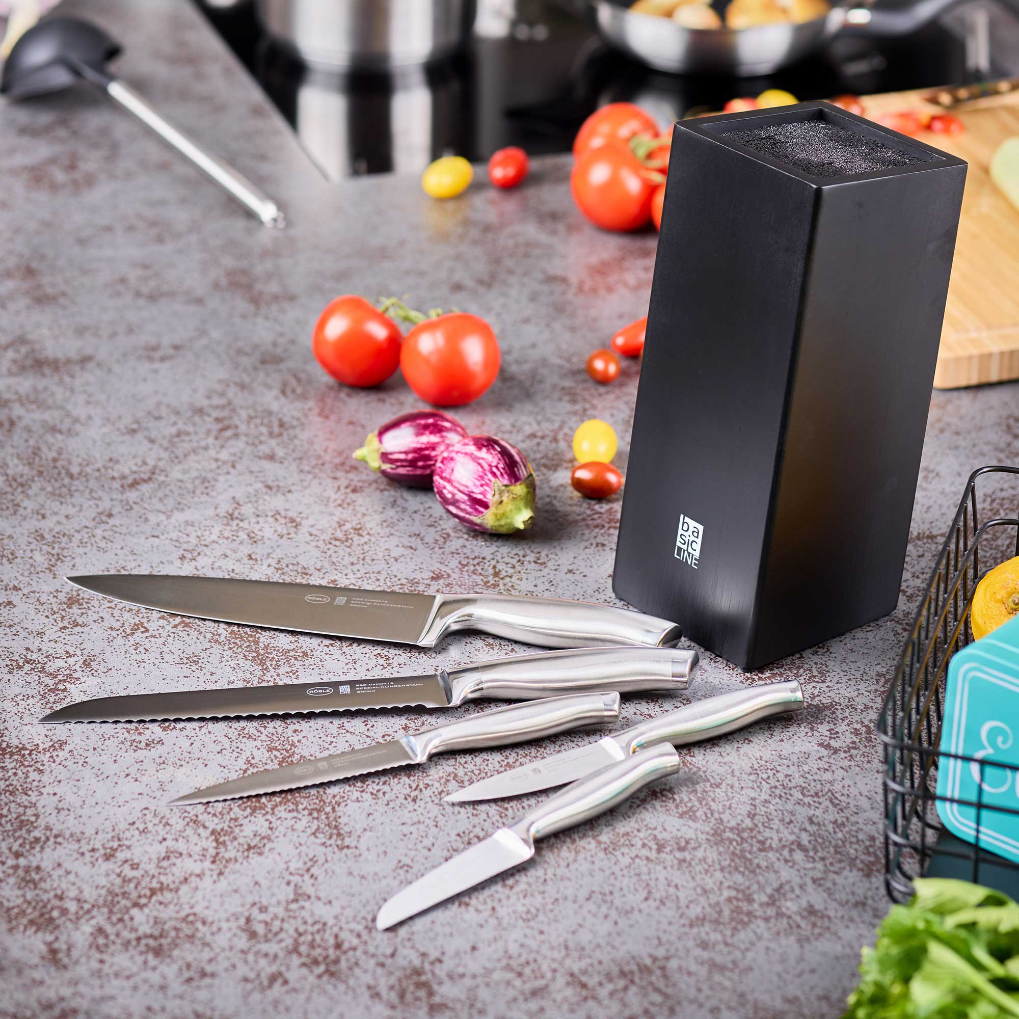 RÖSLE Gemüsemesser Set Gemüsemesser Set in schwarzem Block, bestehend aus fünf Messern mit Edelstahlgriffen, umgeben...
