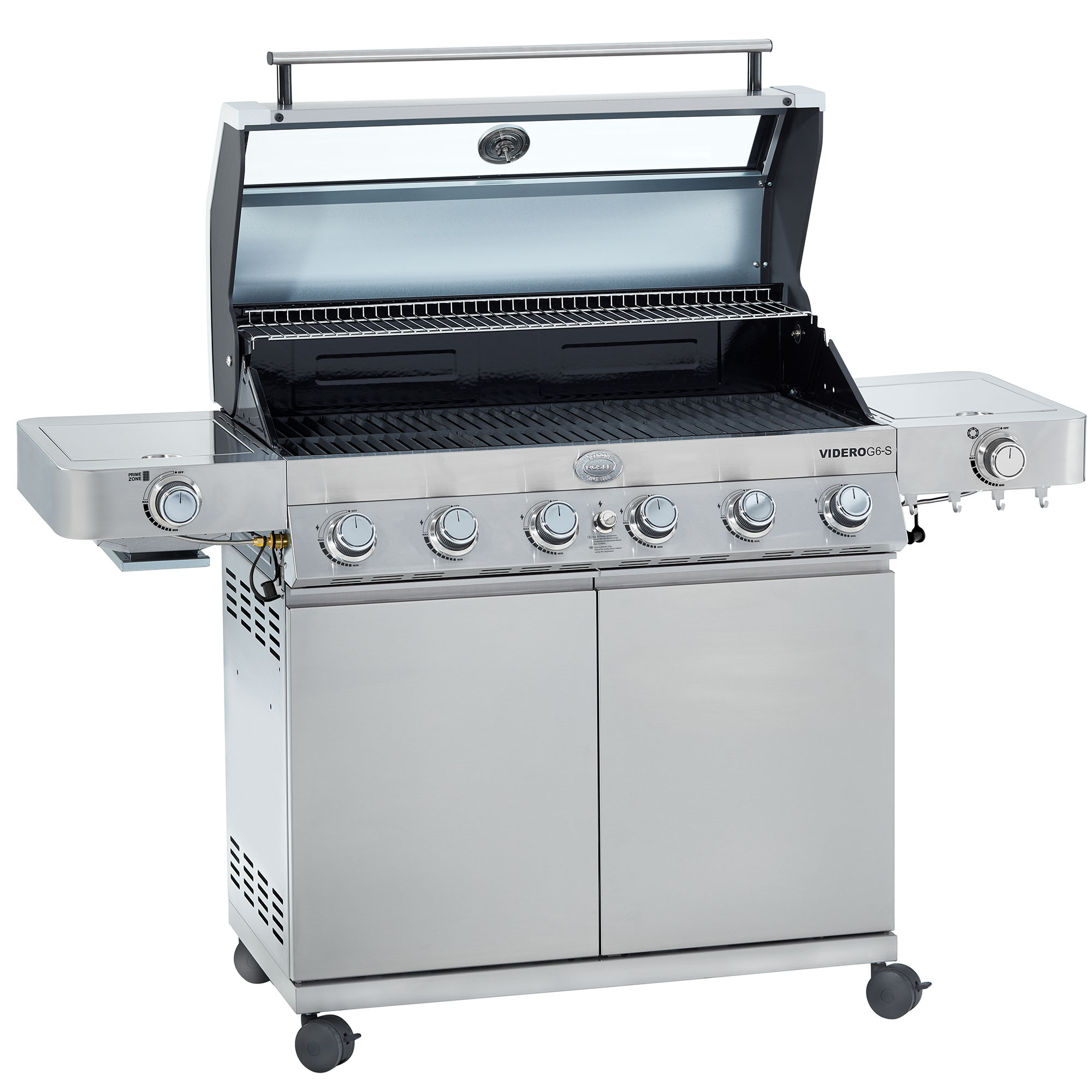 RÖSLE Gasgrill Videro G6-S aus Edelstahl Gasgrill Videro G6-S aus Edelstahl mit geöffnetem Deckel, Grillfläche und seitlichen Ablageflächen.