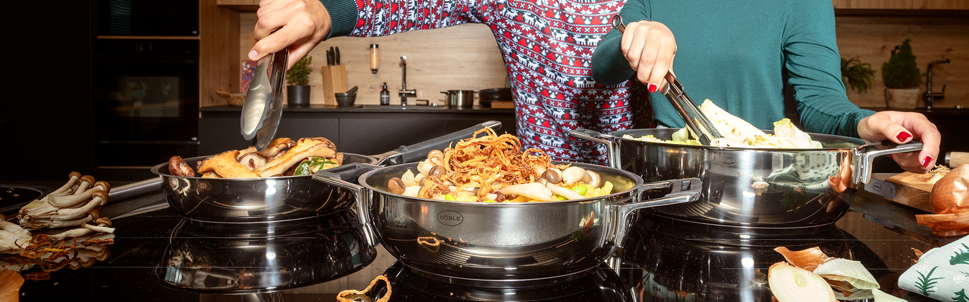 Rezepte Kochen Verschiedene Gerichte in den Brat- und Servierpfannen von Silence Pro