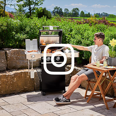 Instagram logo and gas barbecue with the plancha spatula narrow