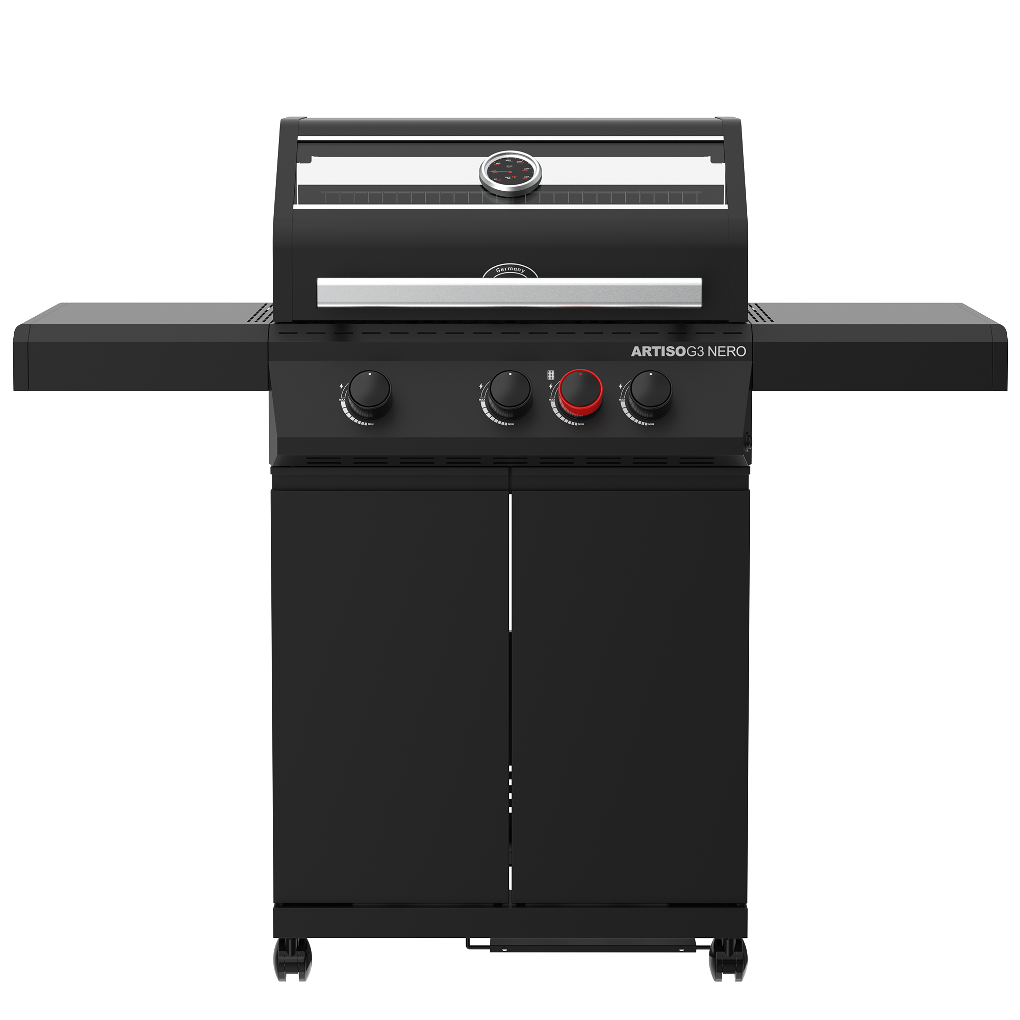 RÖSLE Artiso G3 Nero Gasgrill Artiso G3 Nero Gasgrill in Schwarz mit zwei Seitentischen, drei Brennern und Temperaturanzeige.