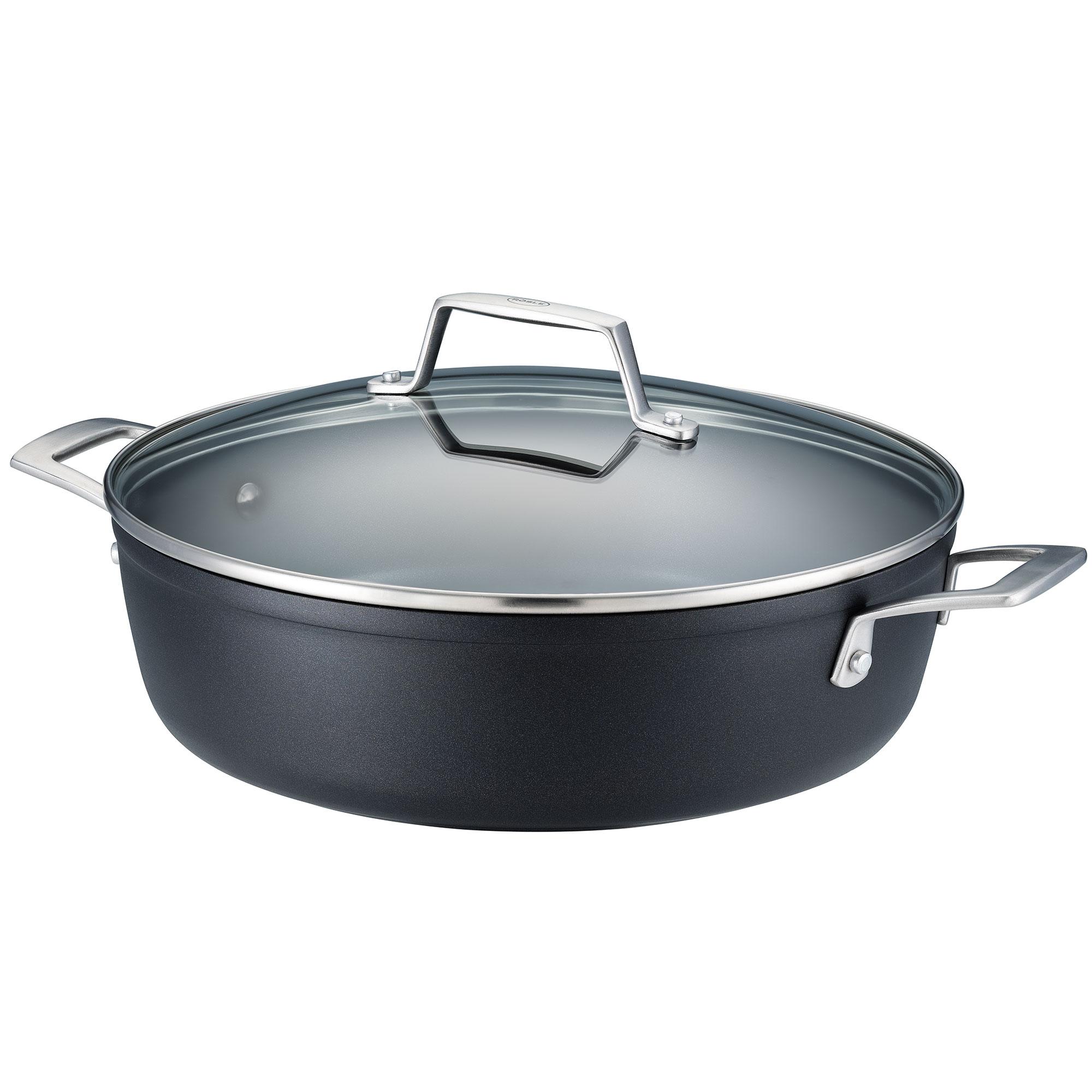 Serving pan with glass lid, black, round, made of aluminium, for versatile cooking applications.