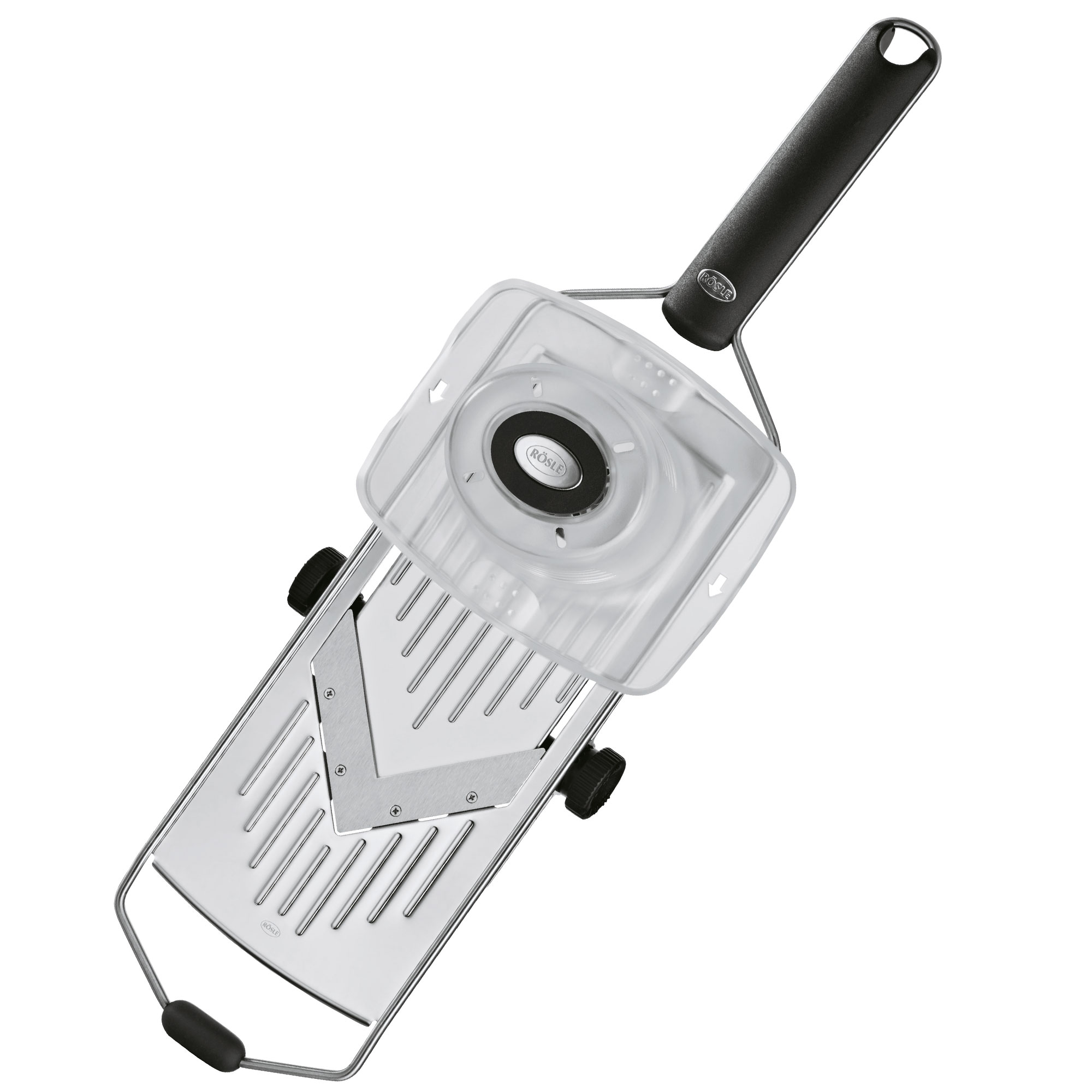 Hobel mit V-Klinge, aus Edelstahl, mit transparentem Deckel und schwarzem Griff.