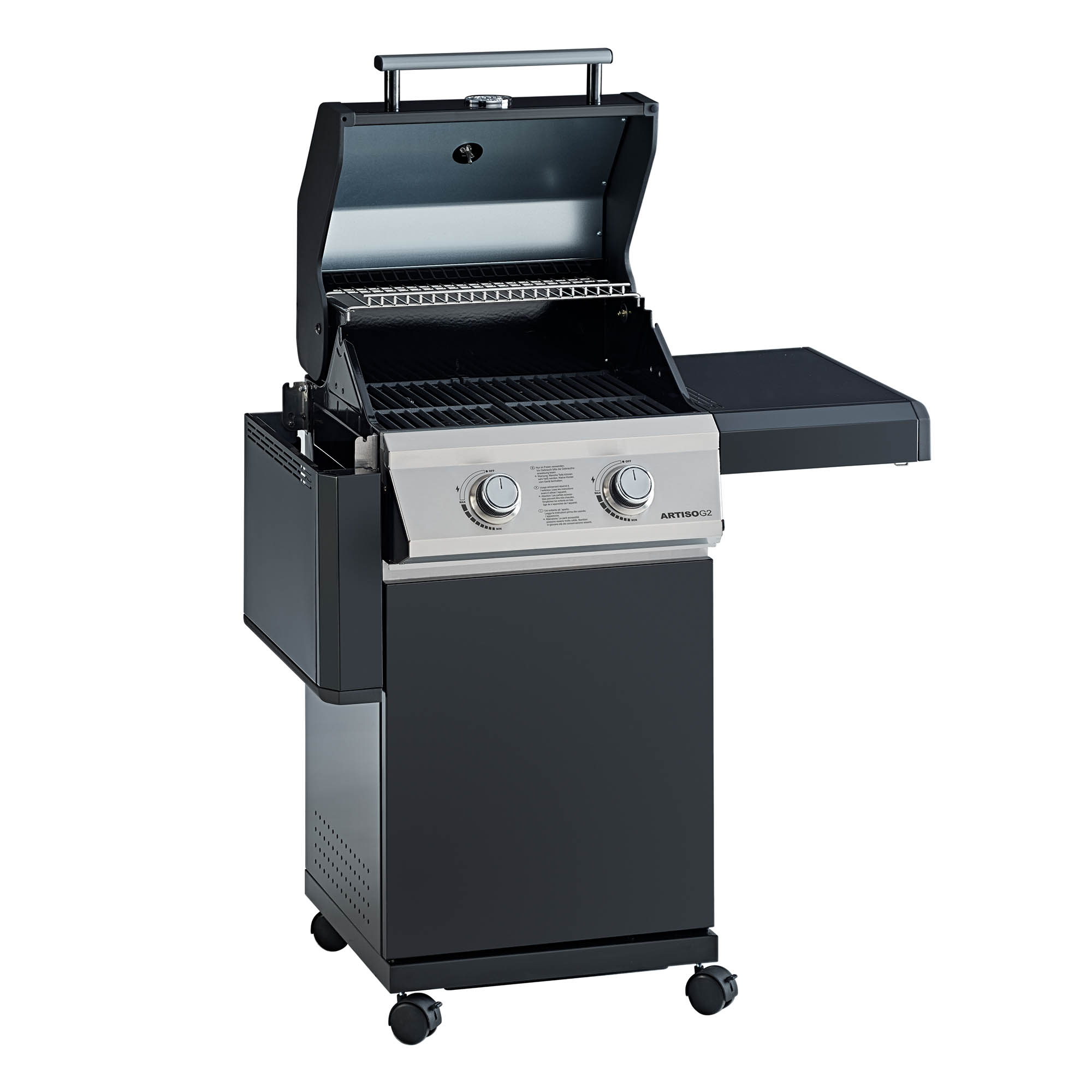 RÖSLE Gasgrill Artiso G2 Gasgrill BBQ Station Artiso G2 in Schwarz mit zwei Brennern und seitlichem Ablagetisch.