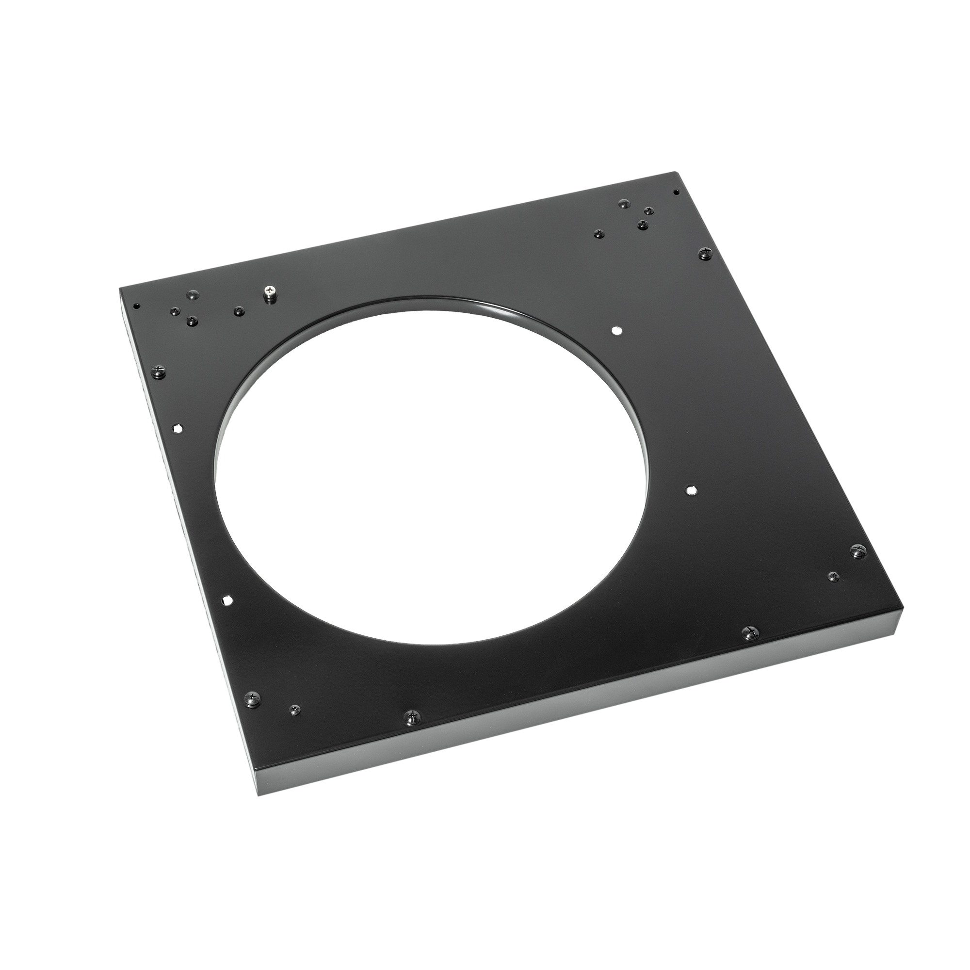 RÖSLE Unterschrank Boden Unterschrank Boden, quadratische Platte aus schwarzem Metall mit runder Aussparung und Befestigungslöchern.