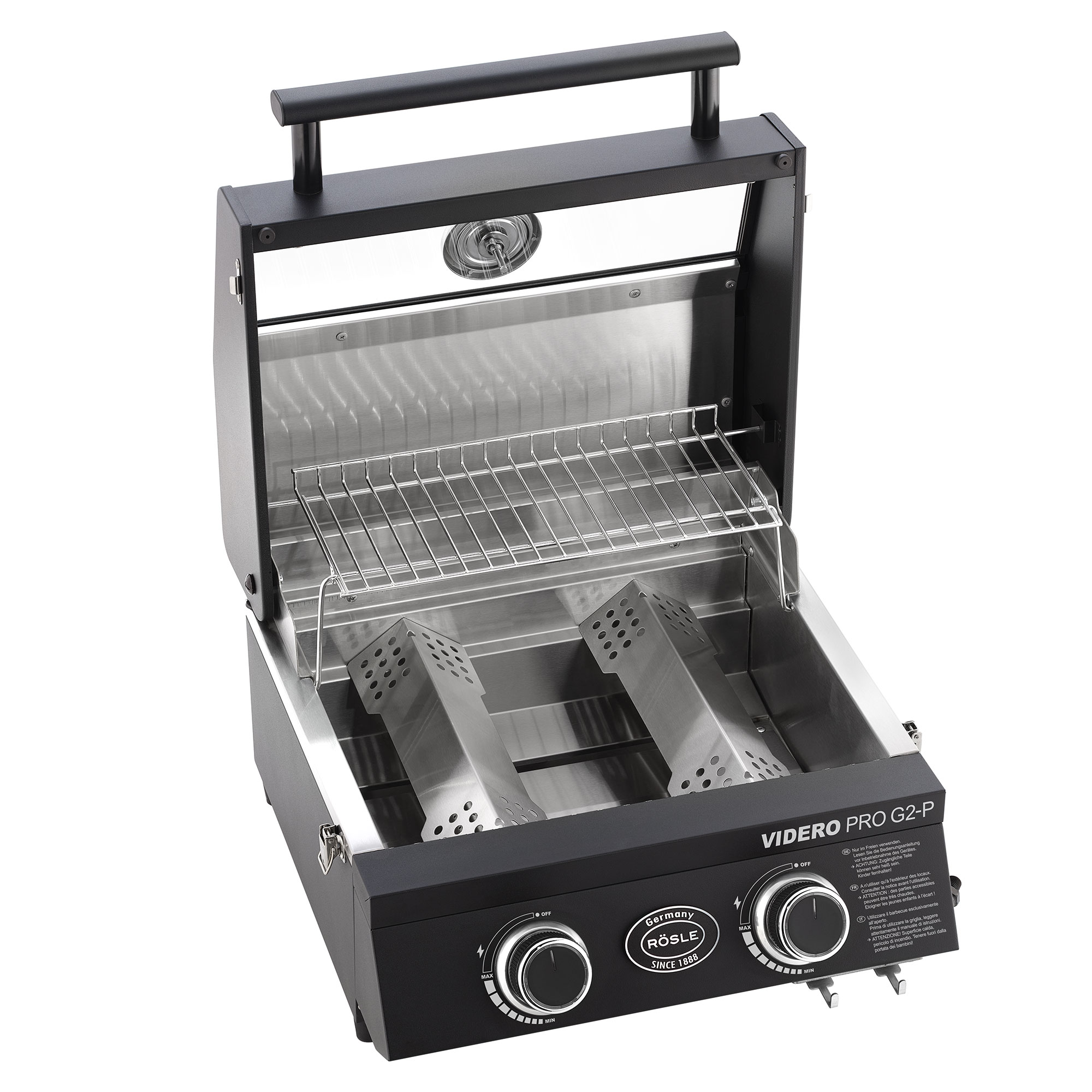 RÖSLE Videro Pro G2-P Gasgrill Gasgrill Videro Pro G2-P, tragbar, mit Edelstahl-Gitter und zwei Brennern.