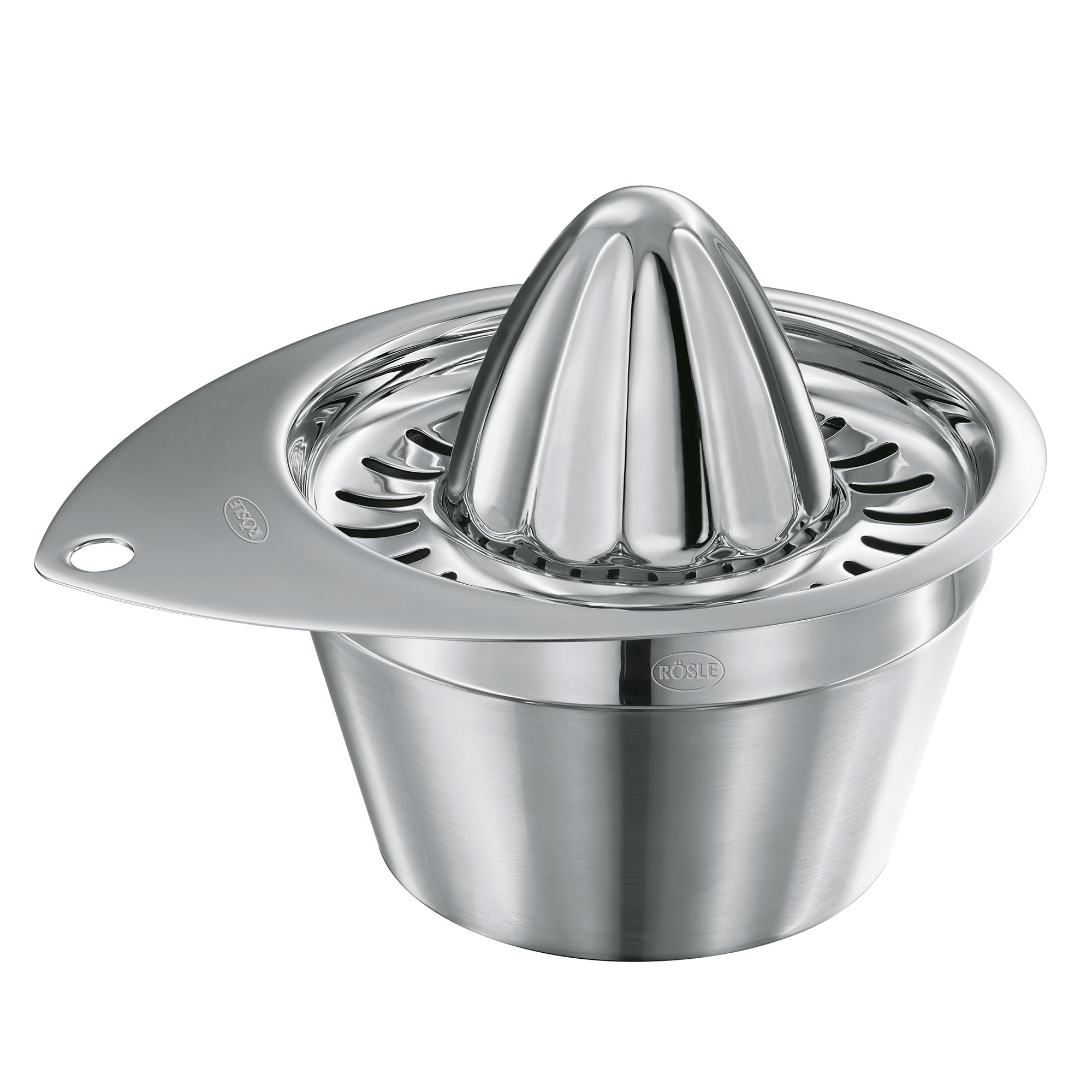 Edelstahl Zitronenpresse von RÖSLE Zitronenpresse aus Edelstahl, rund mit Ausguss und Sieb.