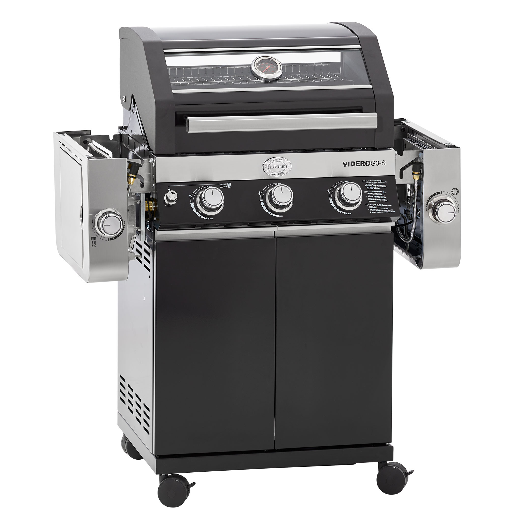 RÖSLE Gasgrill Videro G3-S Gasgrill Videro G3-S in Schwarz mit drei Brennern, Thermometer und seitlichen Ablageflächen.