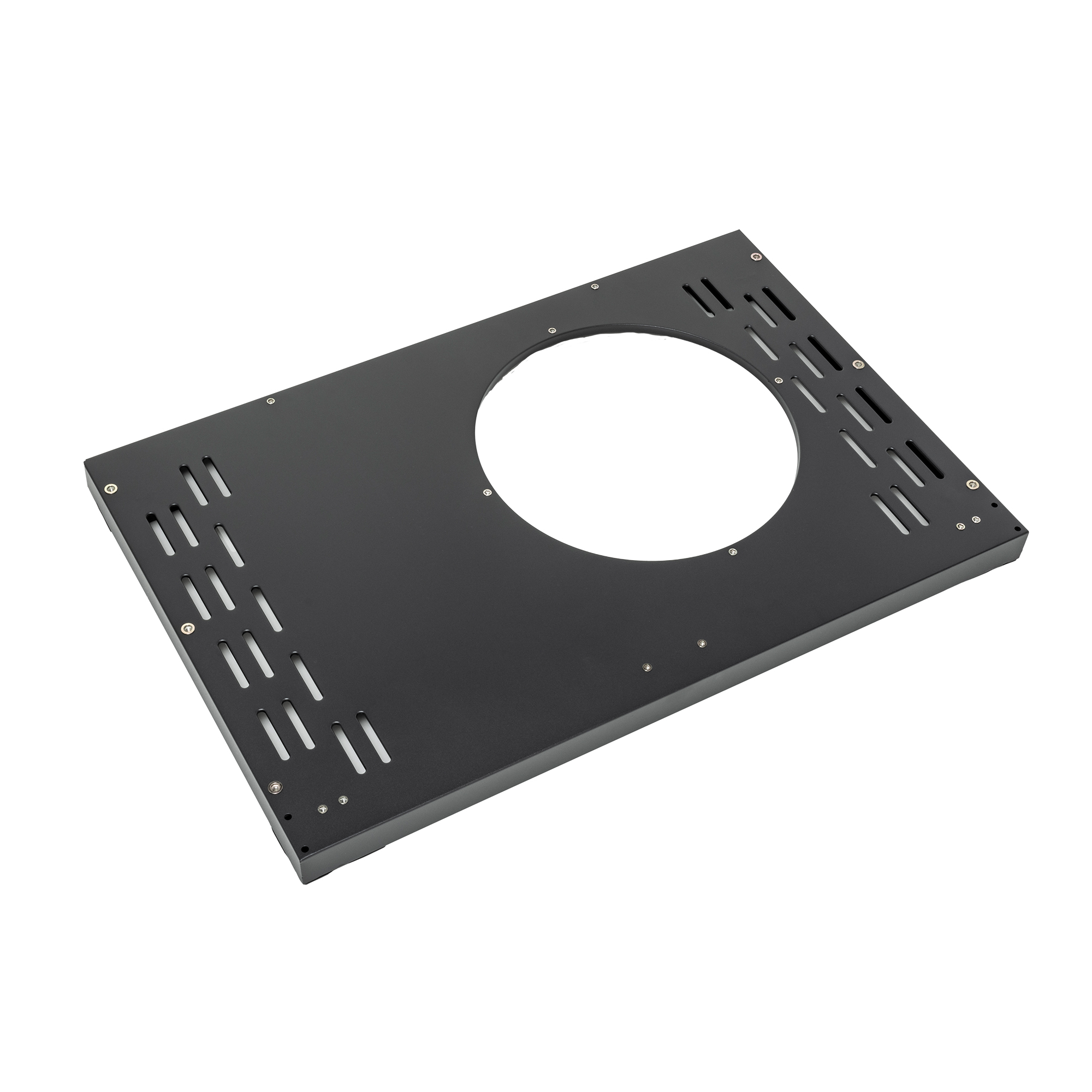 RÖSLE Unterschrank-Boden Unterschrank-Boden, rechteckige schwarze Metallplatte mit zentralem Loch und Lüftungsschlitzen.