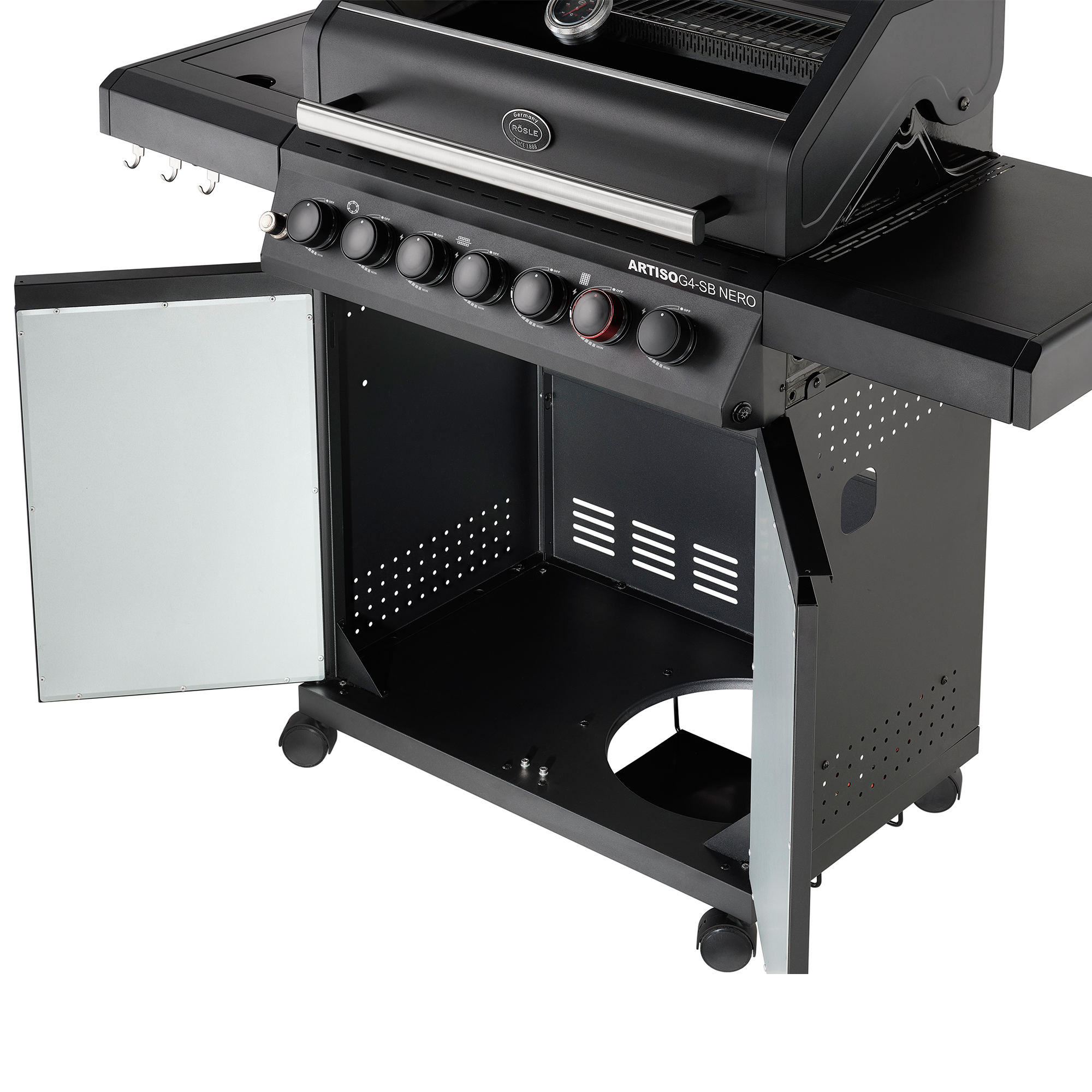 RÖSLE Artiso G4-SB Nero Gasgrill Artiso G4-SB Nero Gasgrill mit seitlichem Ablagetisch und geschlossener Unterseite