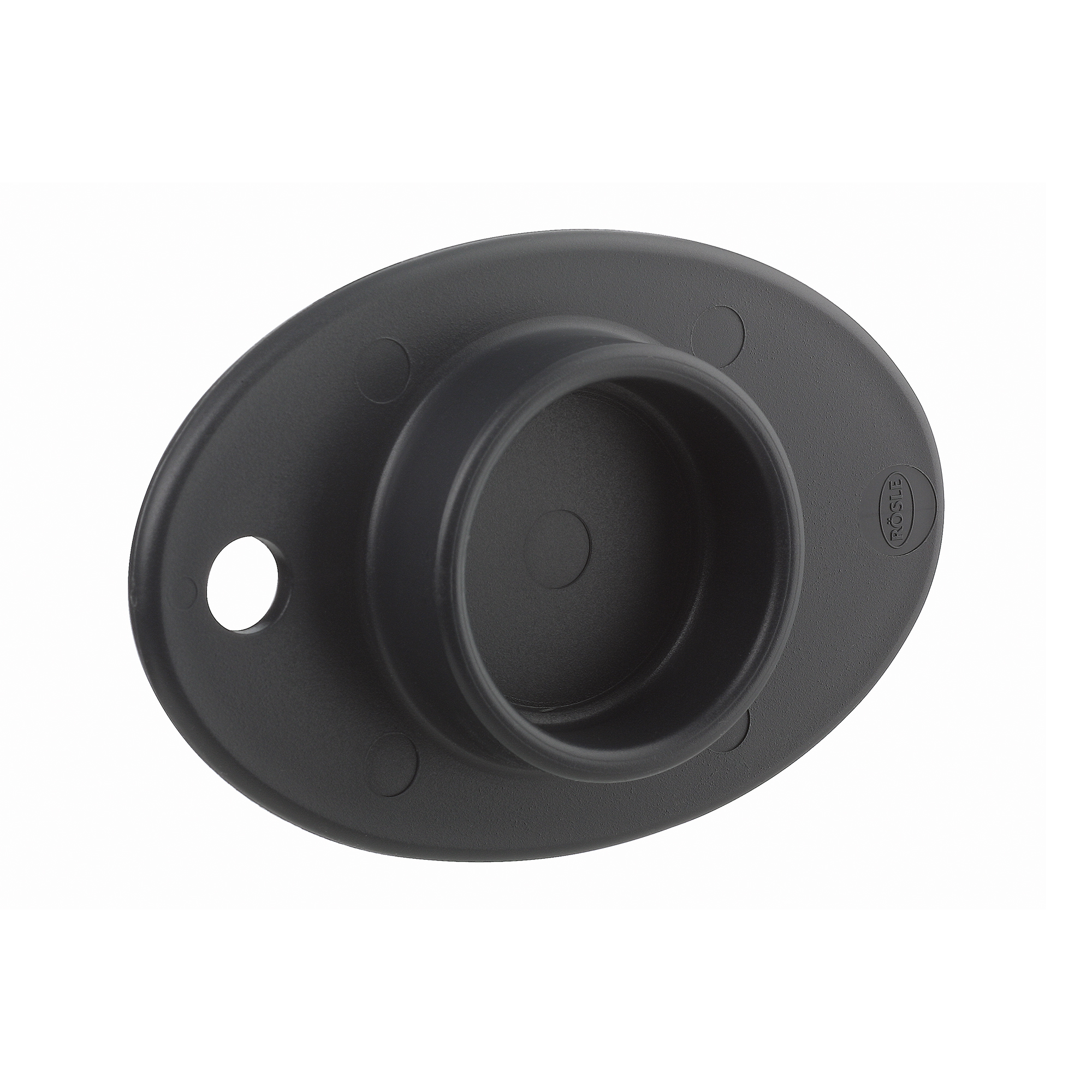RÖSLE Restehalter aus Kunststoff Restehalter aus schwarzem Kunststoff, ovaler Form, mit zentralem Behälter und seitlichem Loch.