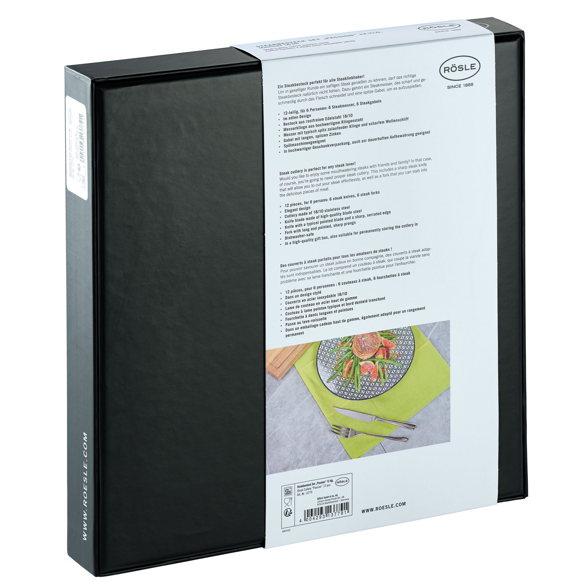RÖSLE Steakbesteck-Set Passion, 12-teilig Steakbesteck-Set Passion, 12-teilig, Edelstahl, Verpackungsrückseite mit Produktinformationen.