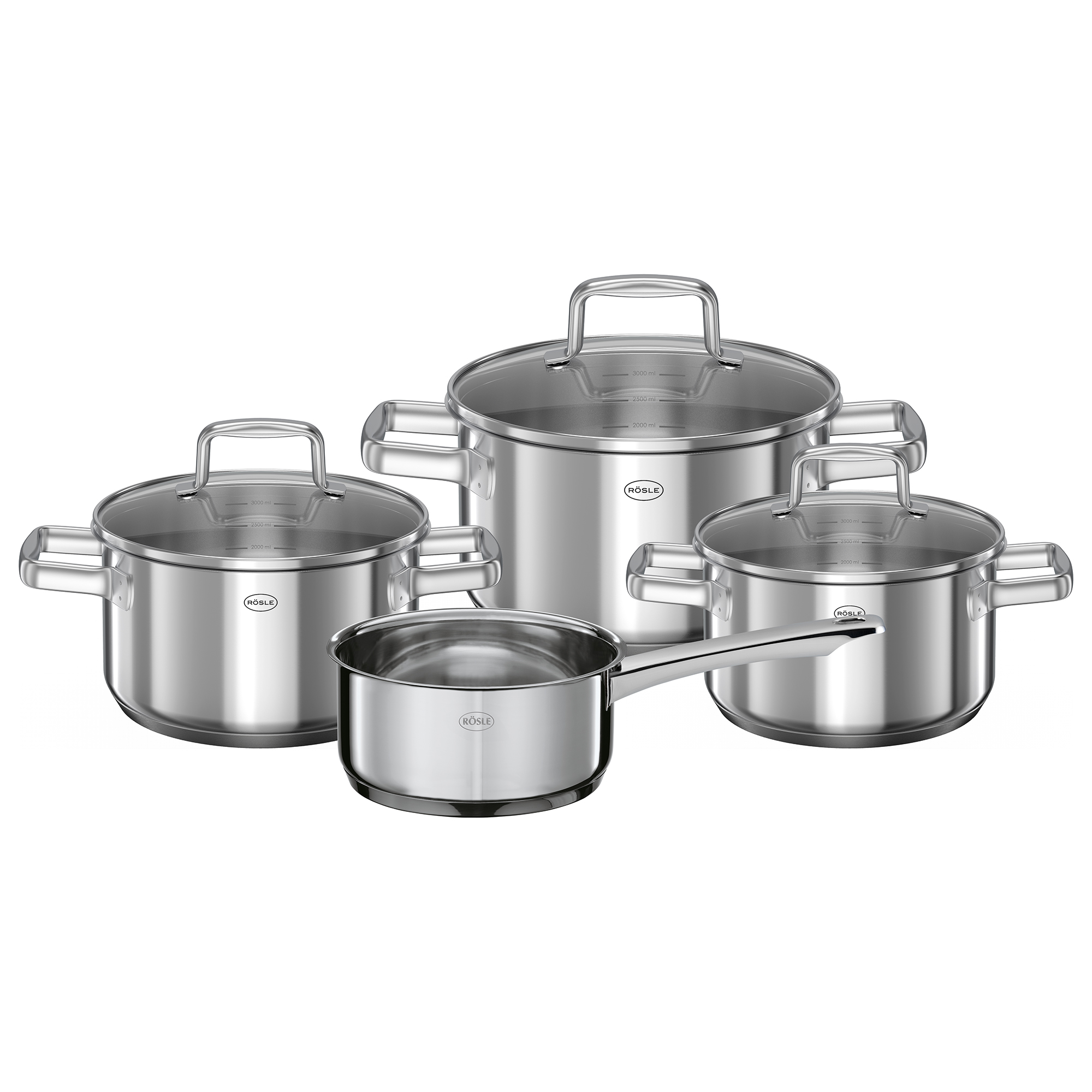 RÖSLE 4-teiliges Topf-Set aus Edelstahl Topf-Set, 4-teilig, aus Edelstahl mit Glasdeckeln, verschiedene Größen