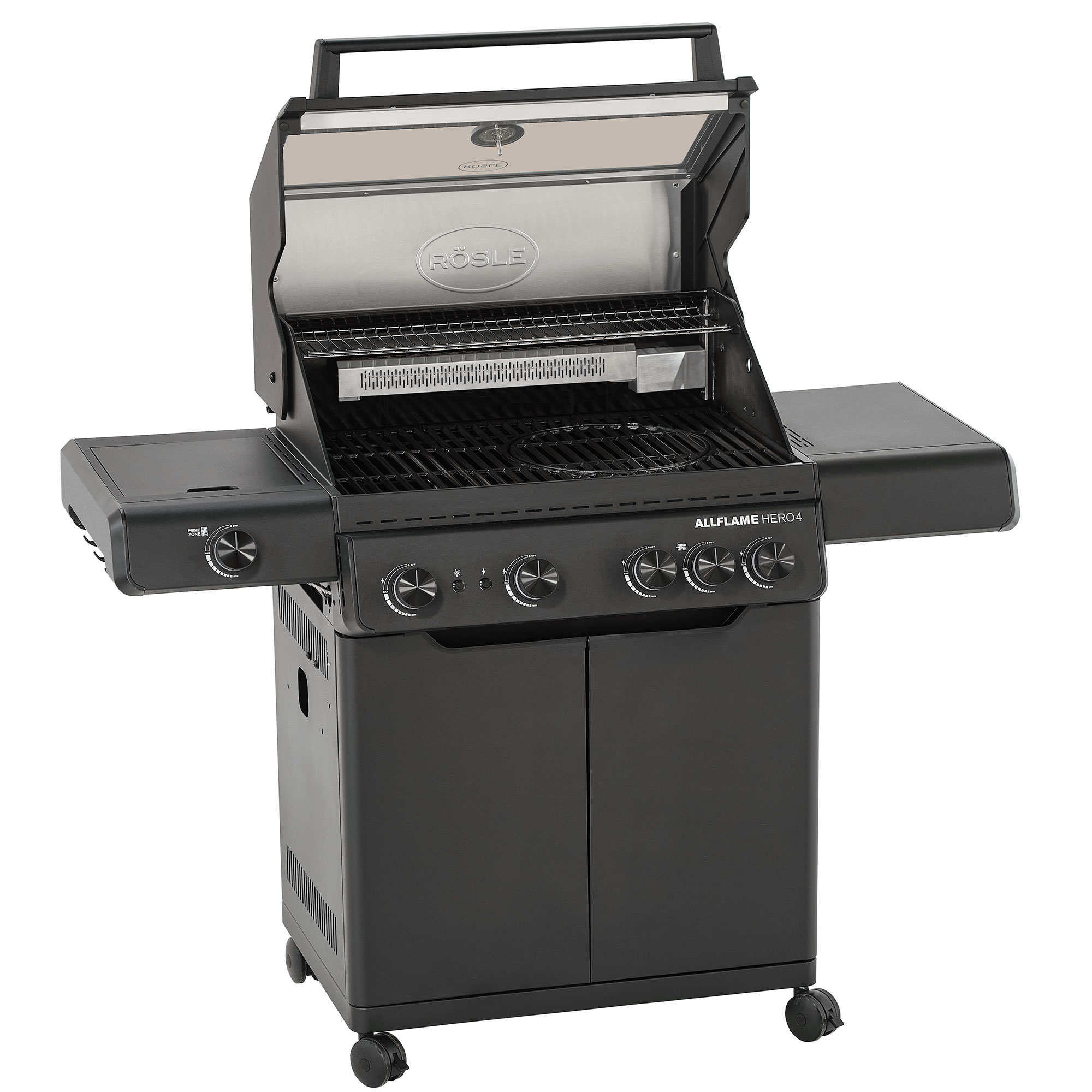 RÖSLE Allflame Hero4 Gasgrill Allflame Hero4 Gasgrill in Schwarz mit zwei Seitentischen und vier Reglern.