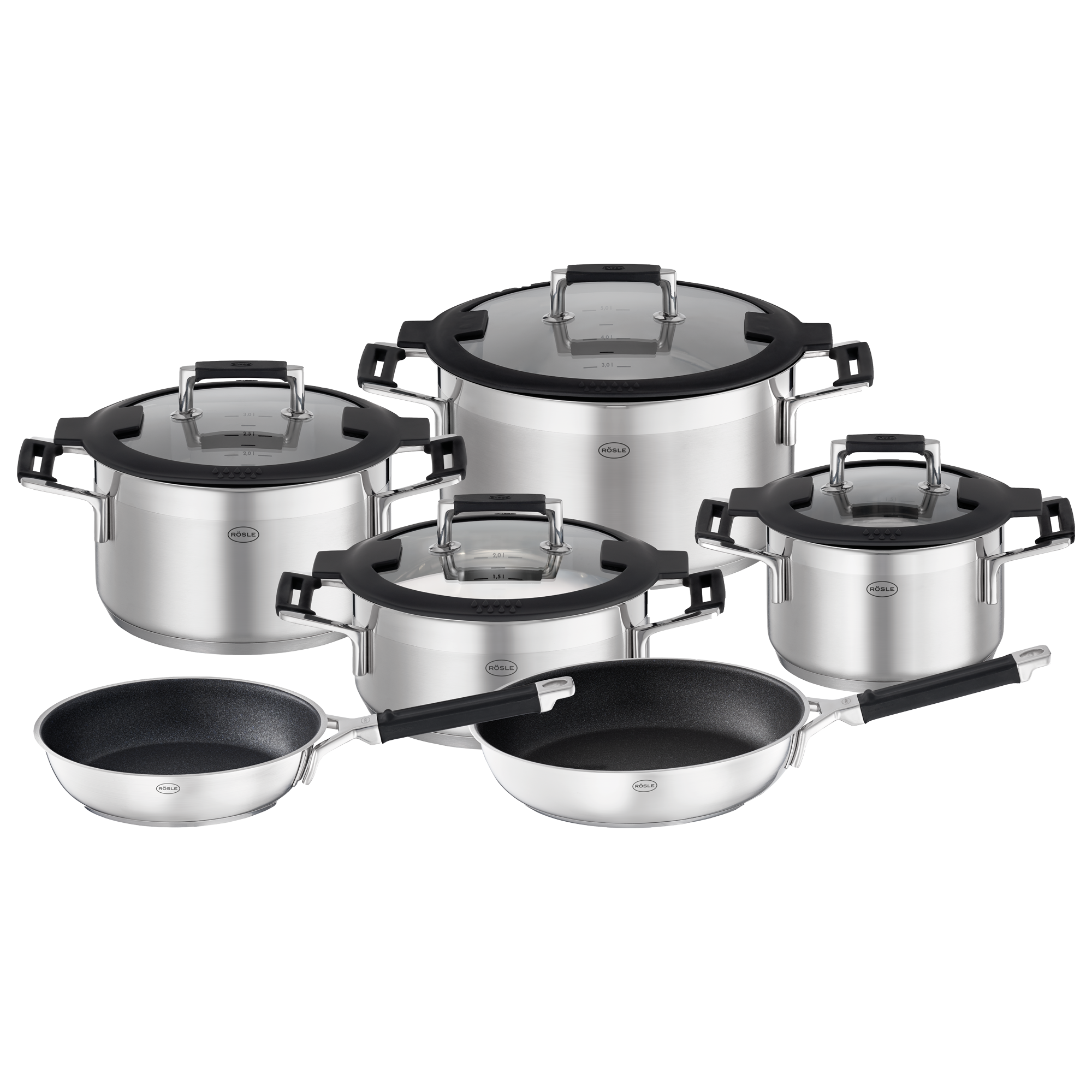 RÖSLE Topf-Set Silence Pro, 6-teilig Topf-Set Silence Pro, 6-teilig, aus Edelstahl mit Glasdeckeln und schwarzem Griff.