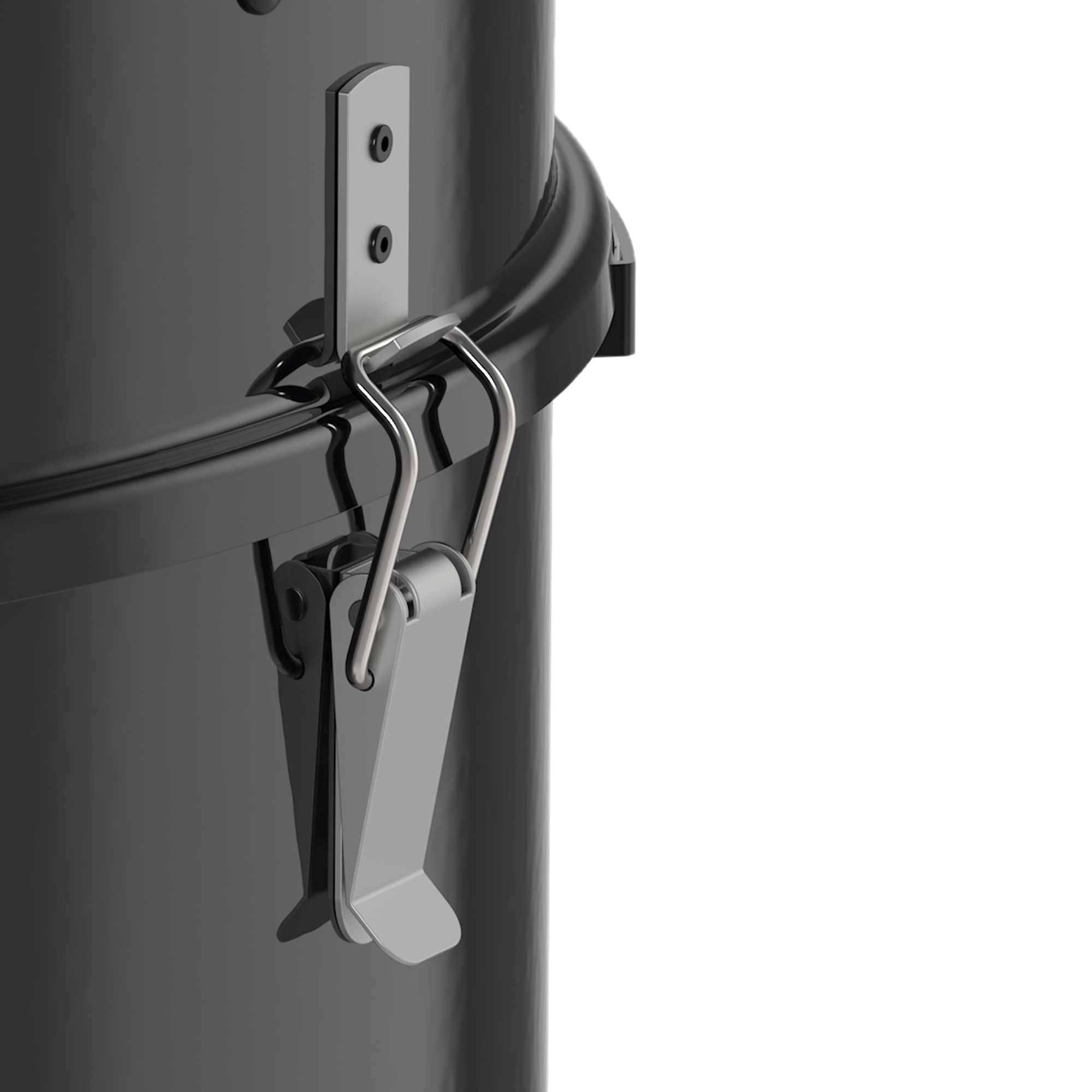 Detailansicht des Verschlussmechanismus des RÖSLE Smokers Holzkohle-Wasser-Smoker, Detailansicht des Verschlussmechanismus aus Metall.